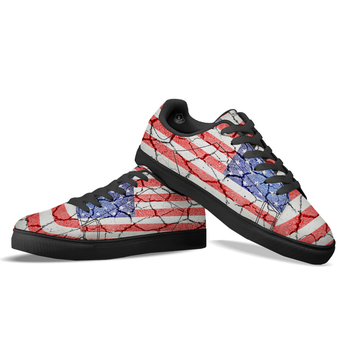 Cracked Flag American Print Black Low Top Sneakers-grizzshop