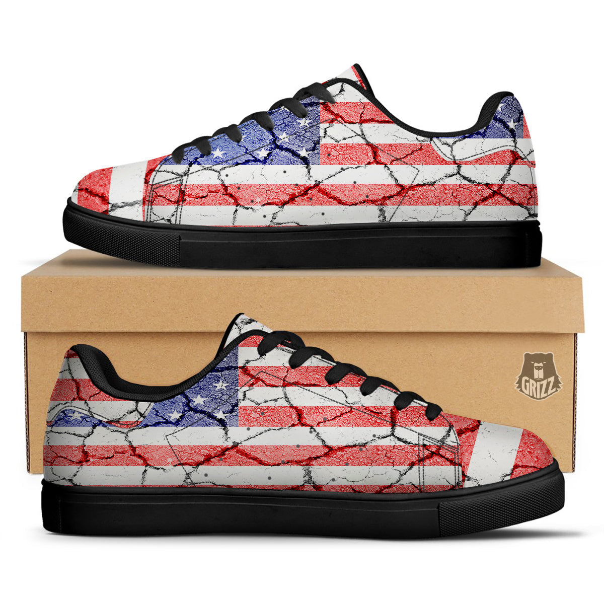 Cracked Flag American Print Black Low Top Sneakers-grizzshop
