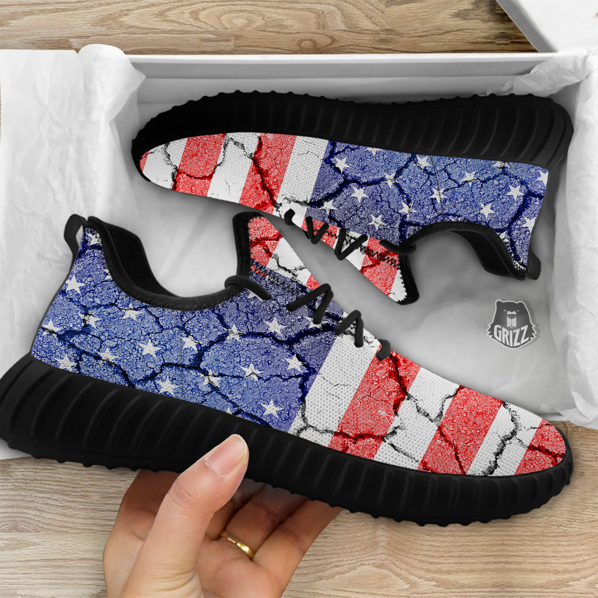Cracked Flag American Print Black Walking Shoes-grizzshop
