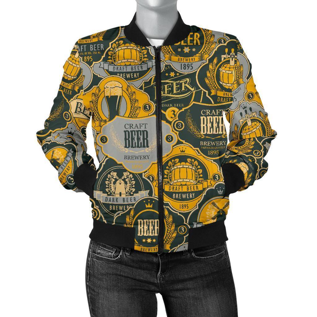 Craft Beer Pattern Print Women Casual Bomber Jacket-grizzshop