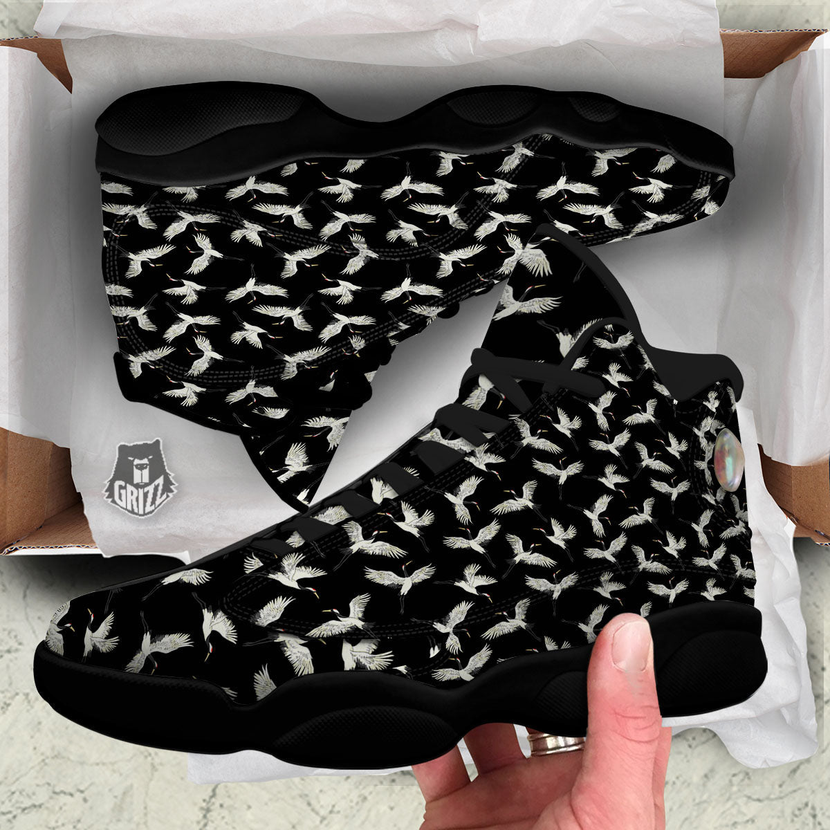 Crane Bird Flying Print Pattern Black Basketball Shoes-grizzshop
