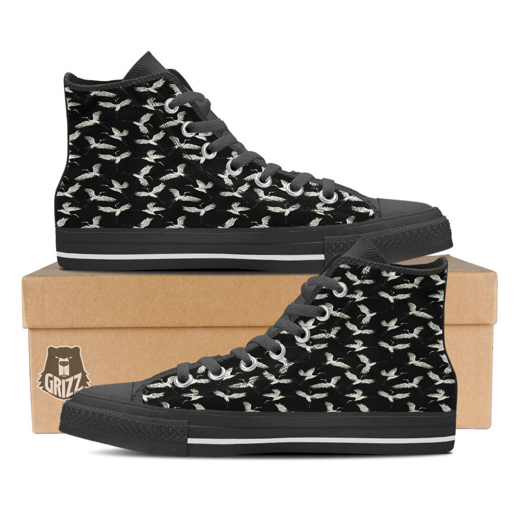 Crane Bird Flying Print Pattern Black High Top Shoes-grizzshop