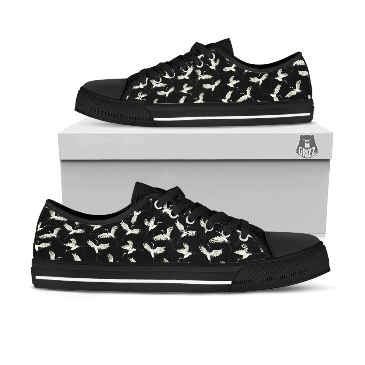 Crane Bird Flying Print Pattern Black Low Top Shoes-grizzshop