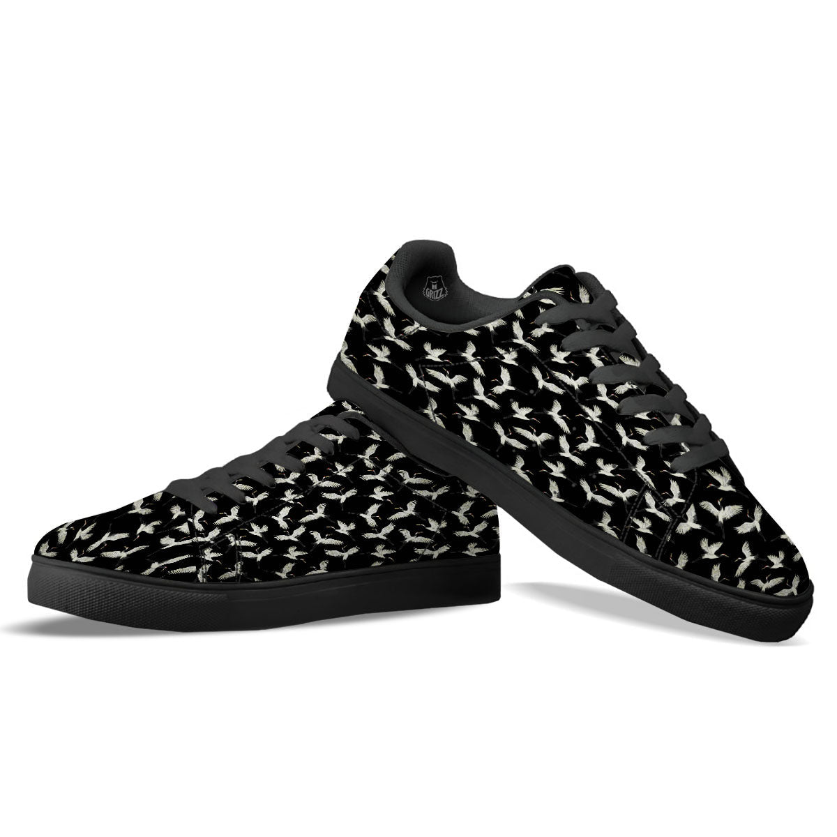 Crane Bird Flying Print Pattern Black Low Top Sneakers-grizzshop