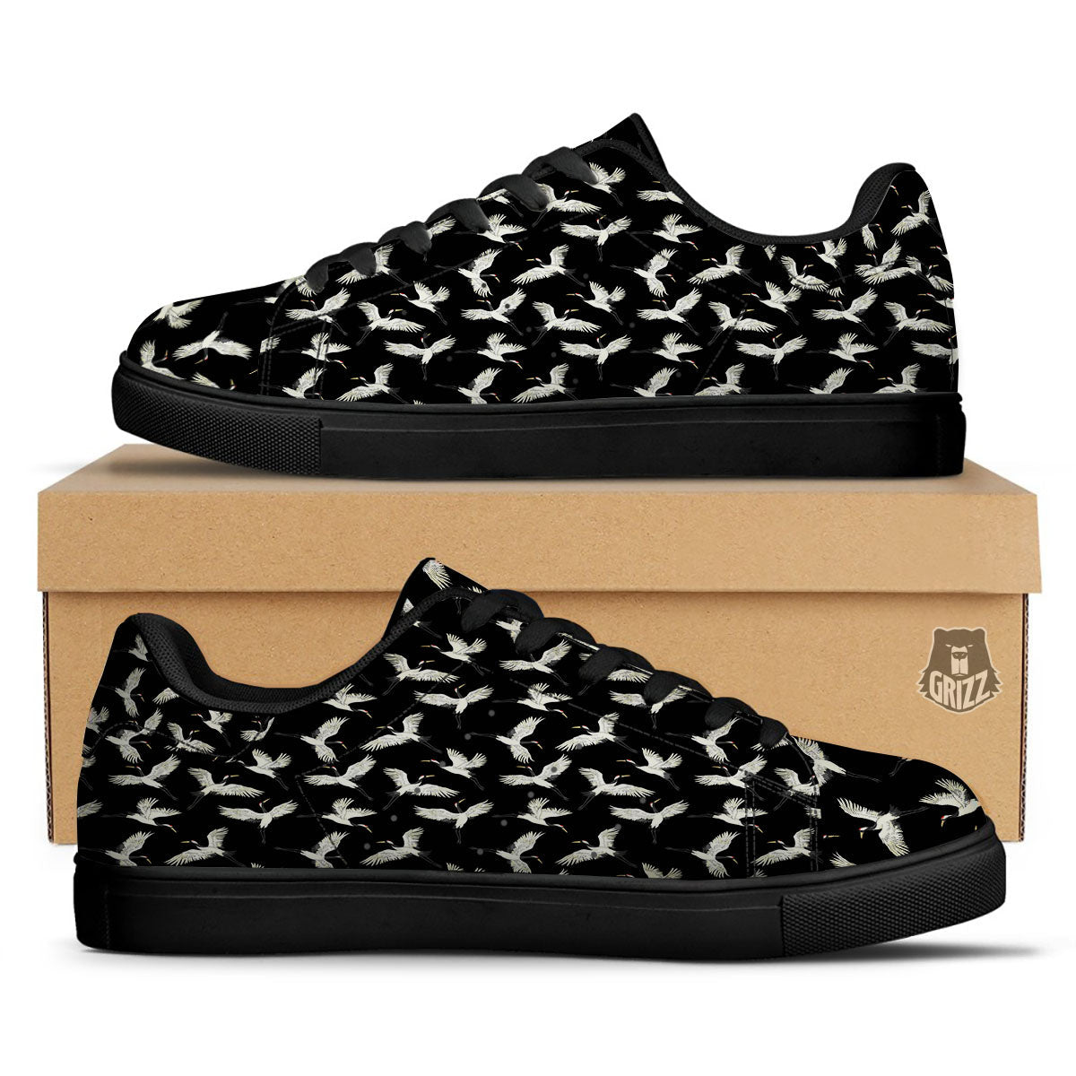 Crane Bird Flying Print Pattern Black Low Top Sneakers-grizzshop