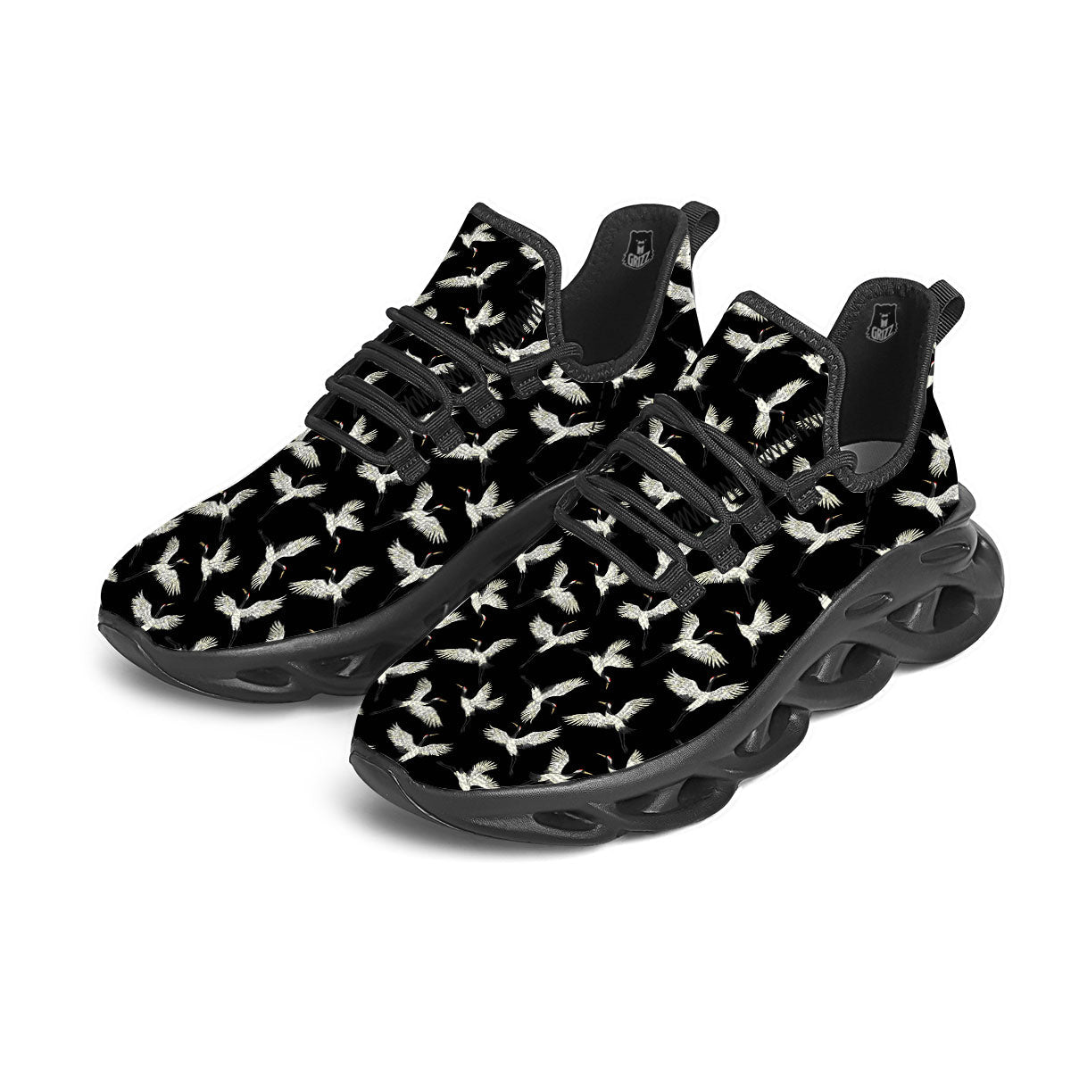 Crane Bird Flying Print Pattern Black Running Shoes-grizzshop