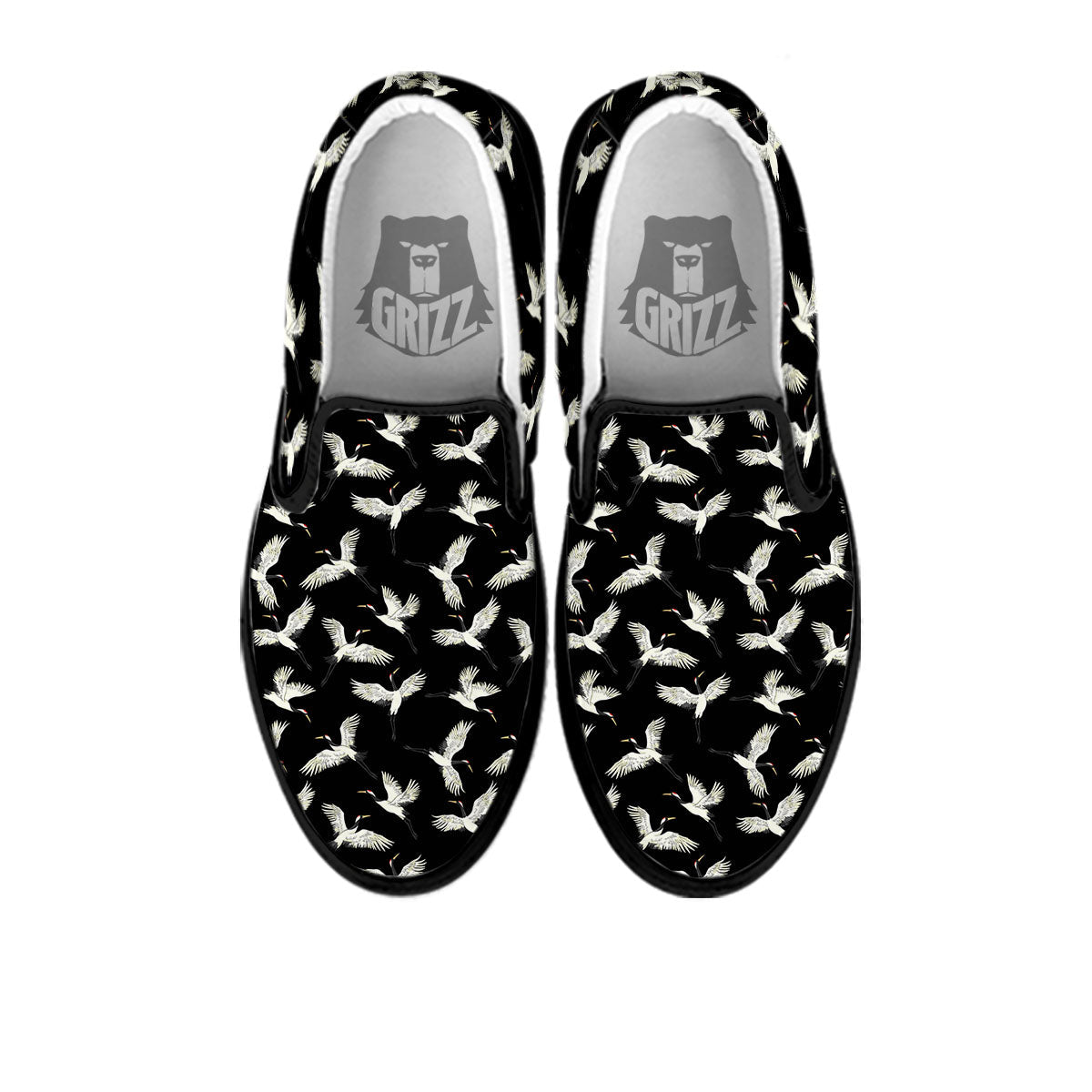 Crane Bird Flying Print Pattern Black Slip On Shoes-grizzshop