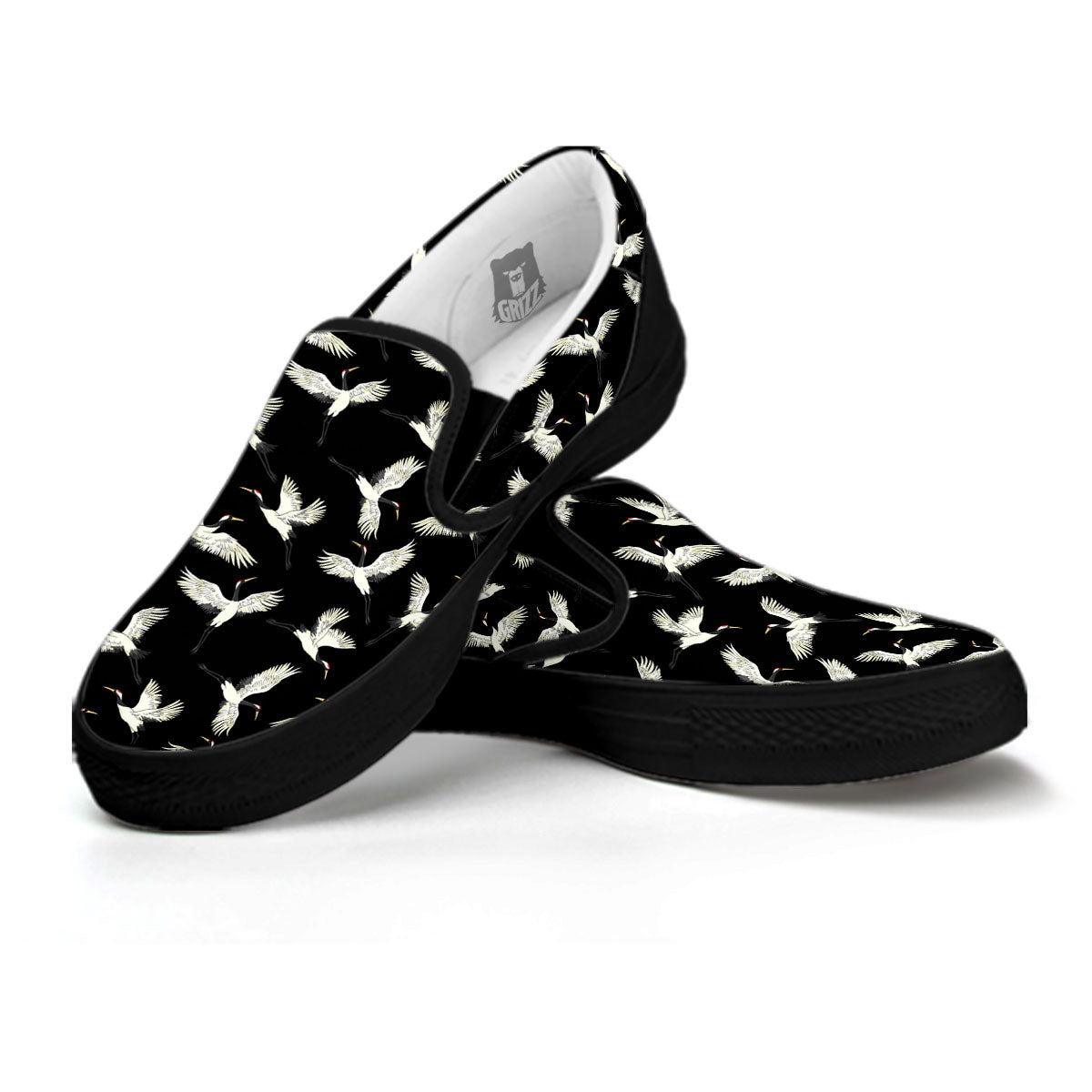Crane Bird Flying Print Pattern Black Slip On Shoes-grizzshop