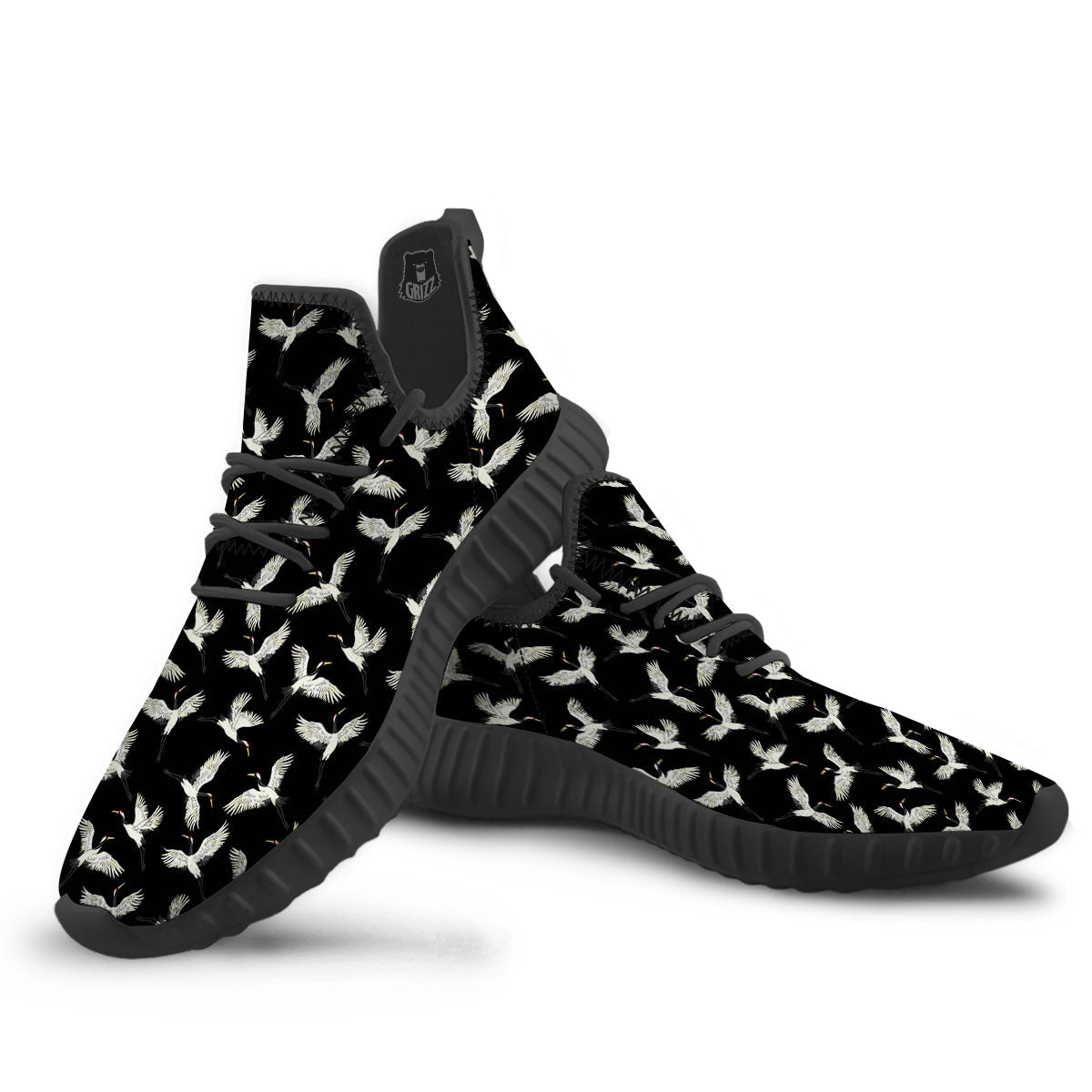 Crane Bird Flying Print Pattern Black Walking Shoes-grizzshop