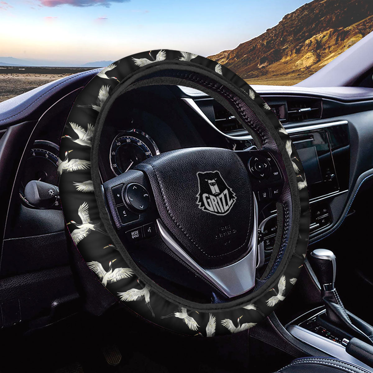 Crane Bird Flying Print Pattern Car Steering Wheel Cover-grizzshop