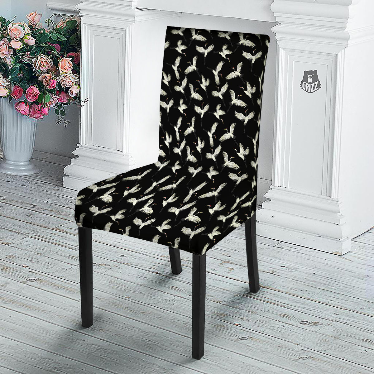 Crane Bird Flying Print Pattern Dining Chair Slipcover-grizzshop