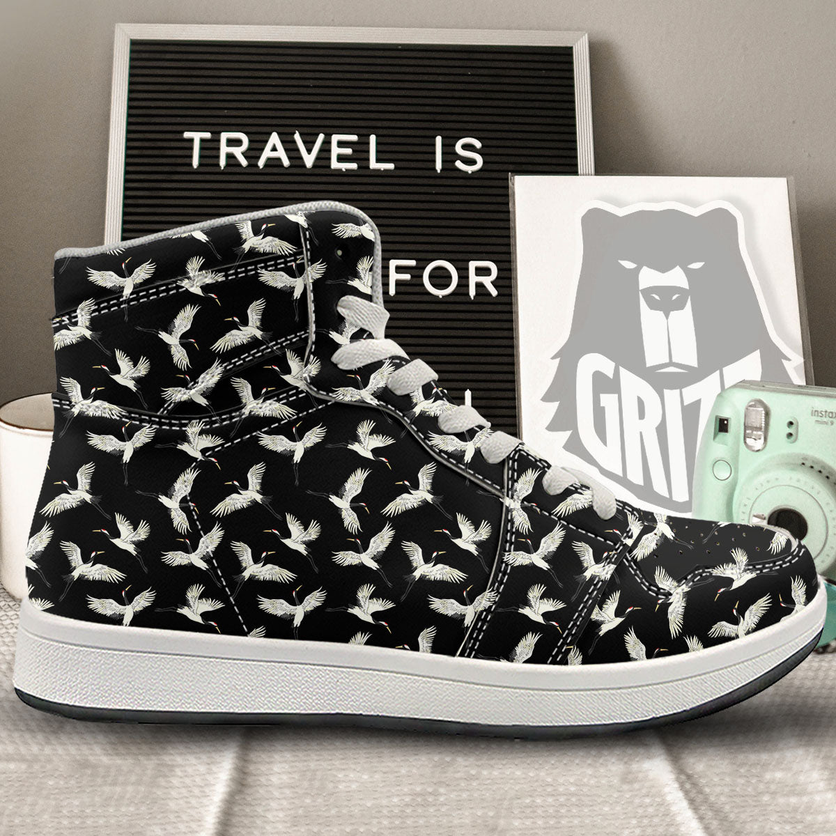 Crane Bird Flying Print Pattern High Top Sneakers-grizzshop