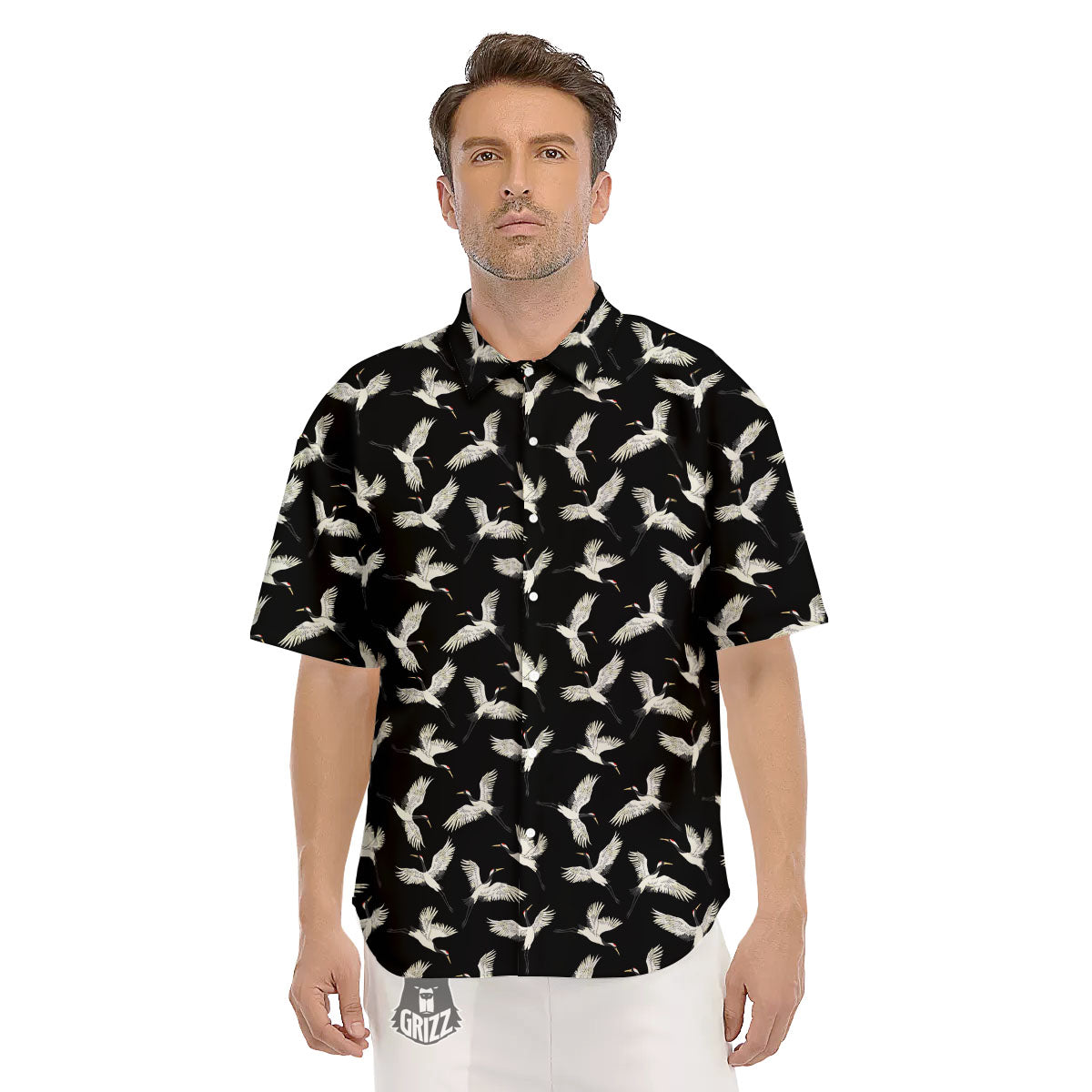 Crane Bird Flying Print Pattern Men's Short Sleeve Shirts-grizzshop