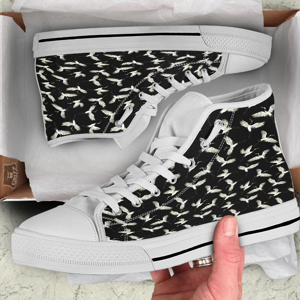 Crane Bird Flying Print Pattern White High Top Shoes-grizzshop