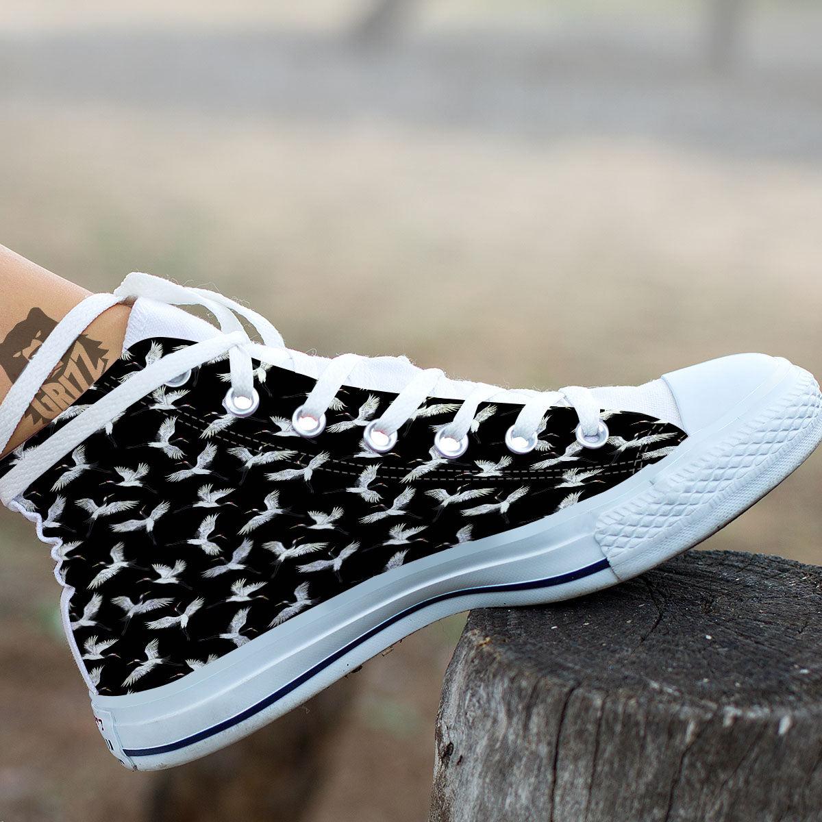 Crane Bird Flying Print Pattern White High Top Shoes-grizzshop