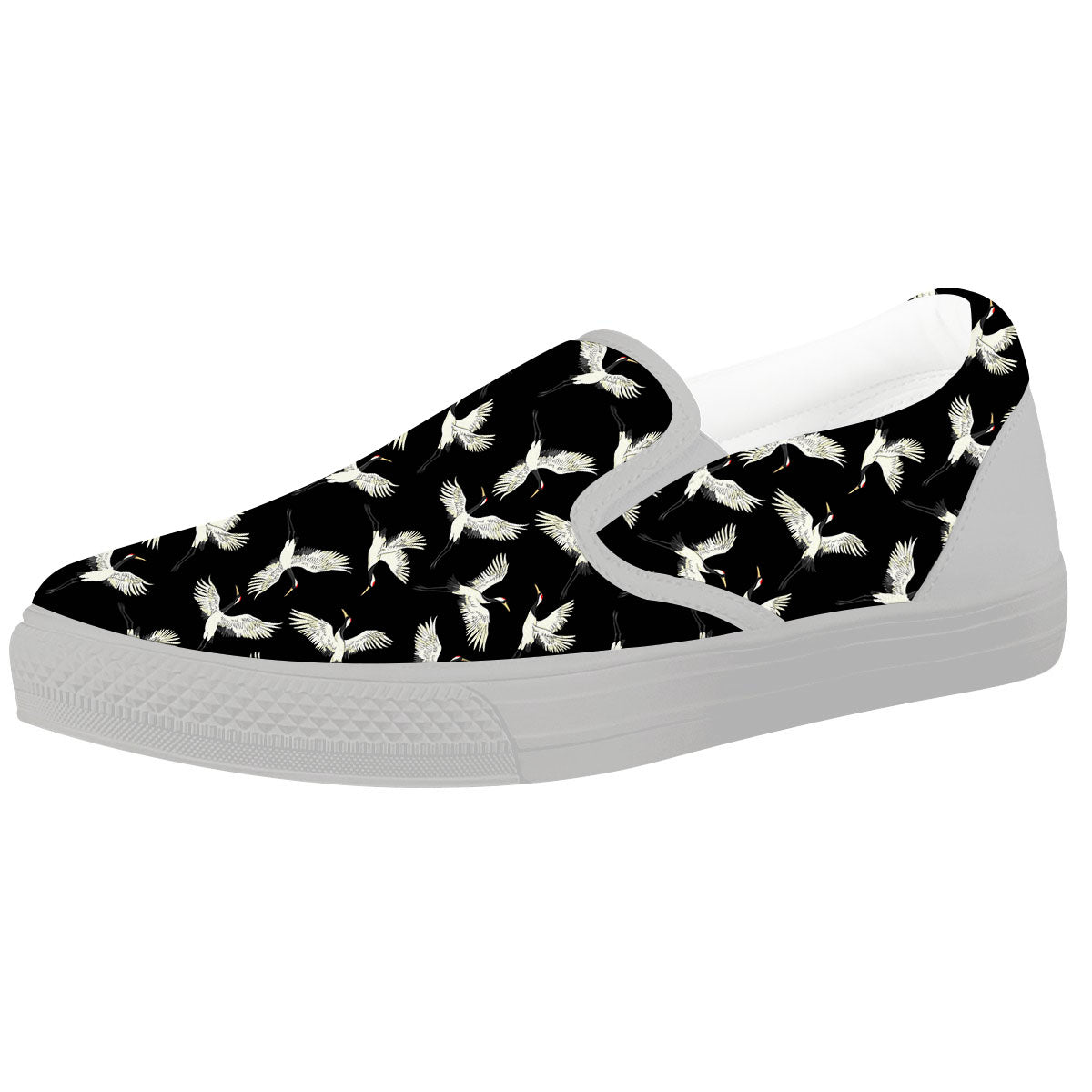 Crane Bird Flying Print Pattern White Slip On Shoes-grizzshop
