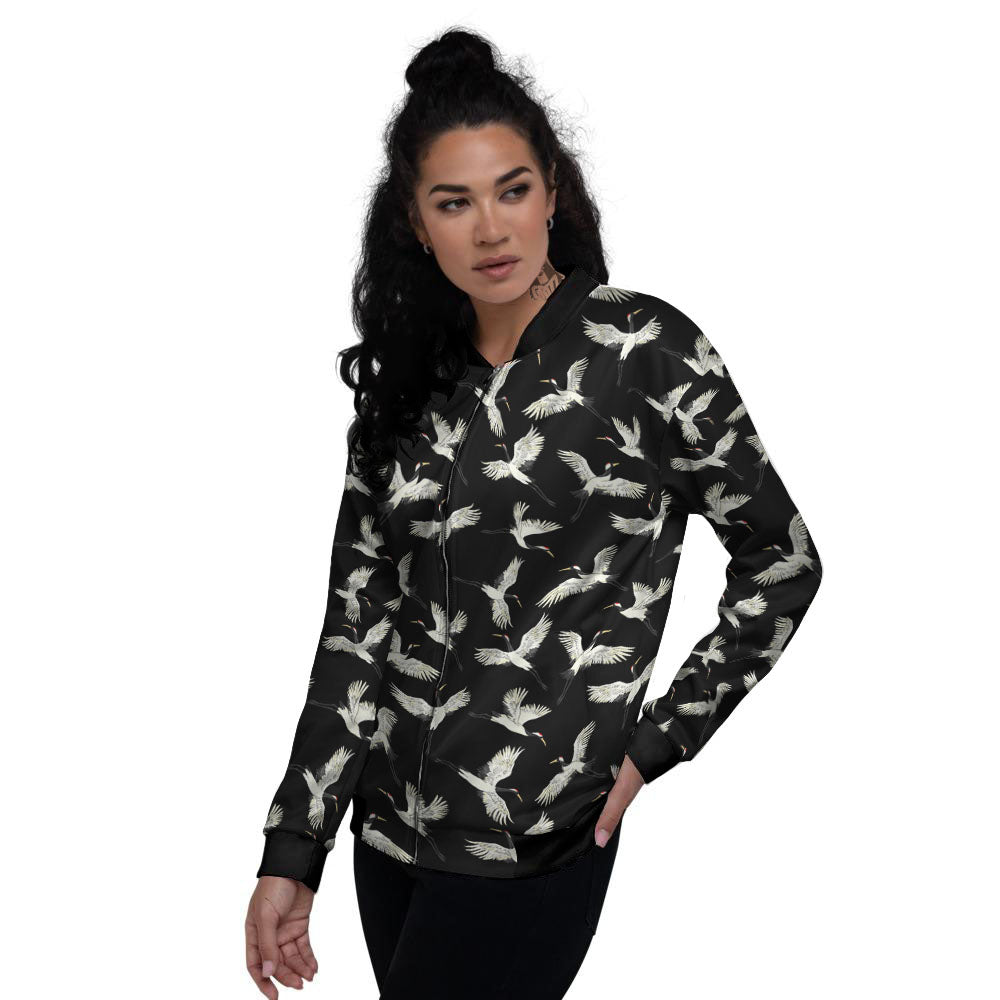 Crane Bird Flying Print Pattern Women's Bomber Jacket-grizzshop