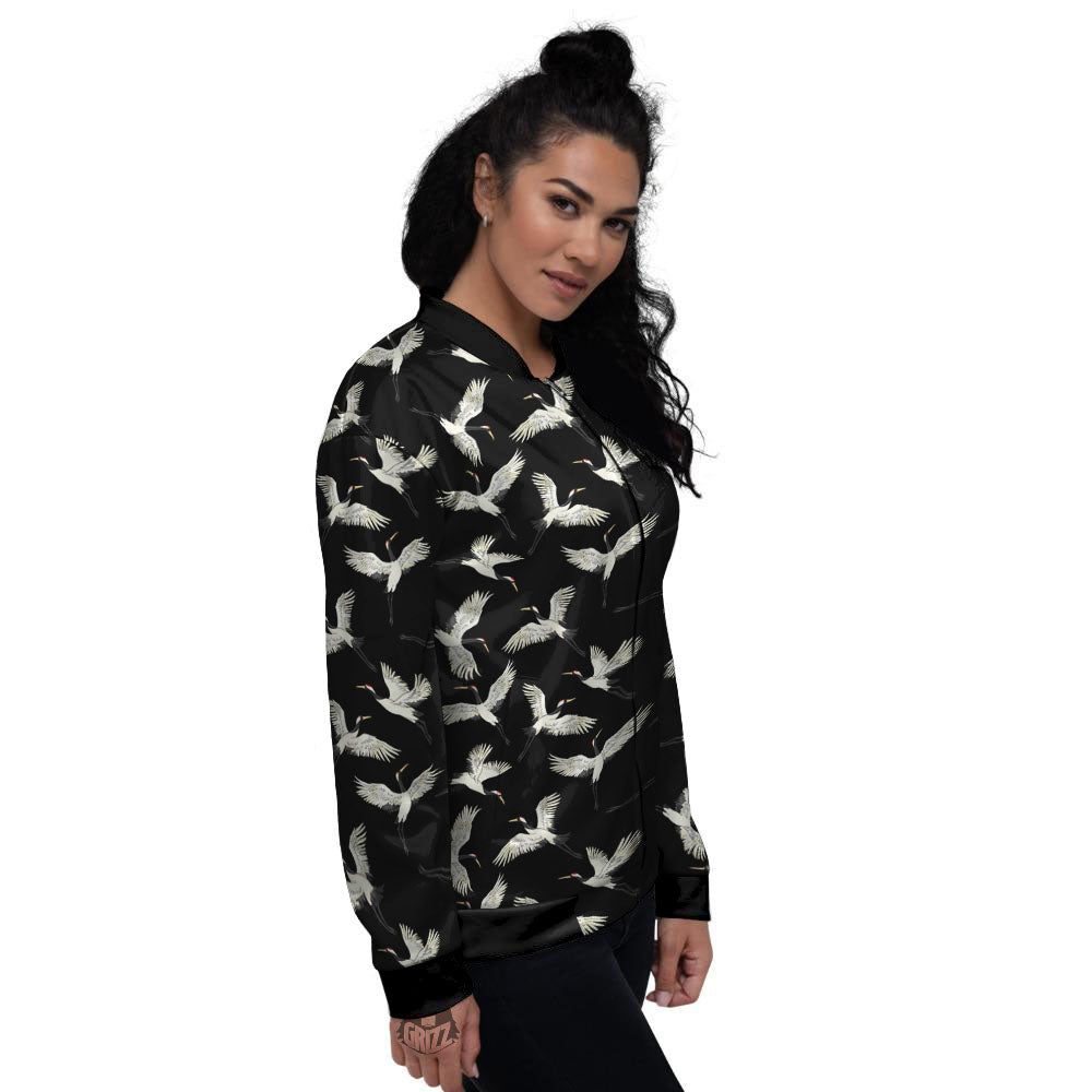 Crane Bird Flying Print Pattern Women's Bomber Jacket-grizzshop