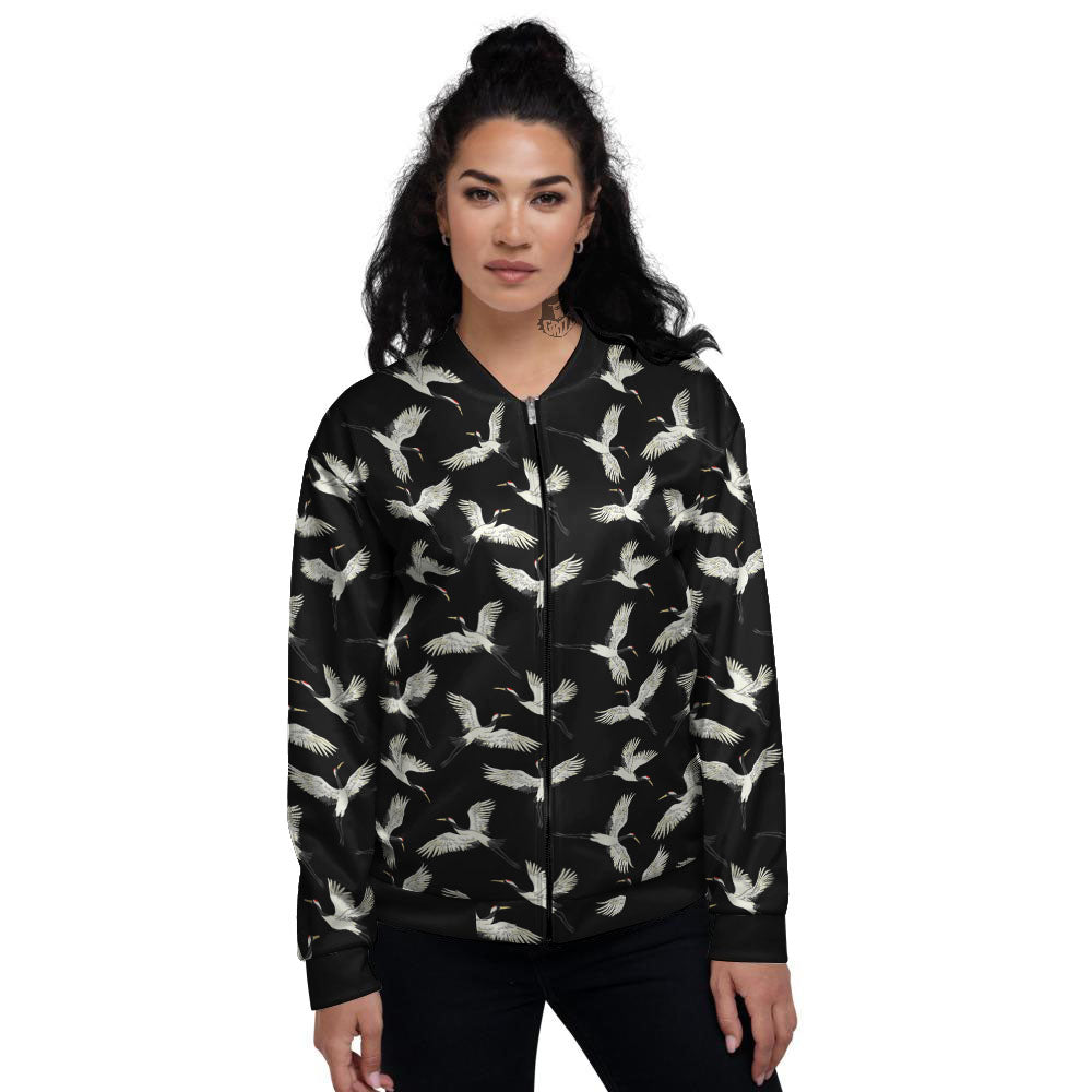 Crane Bird Flying Print Pattern Women's Bomber Jacket-grizzshop