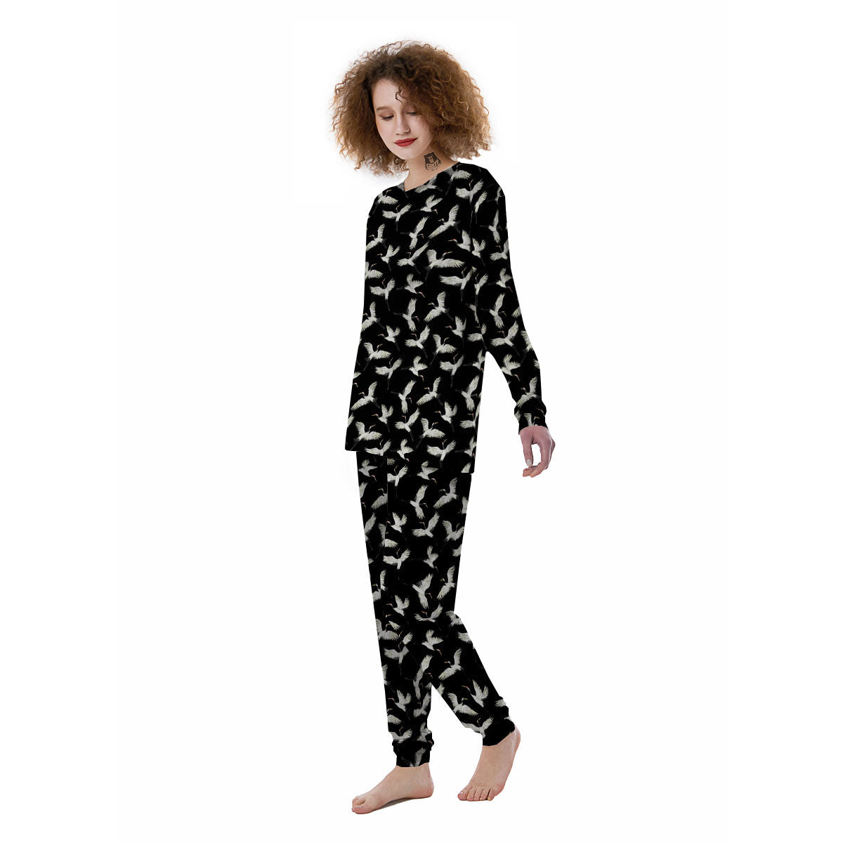 Crane Bird Flying Print Pattern Women's Pajamas-grizzshop