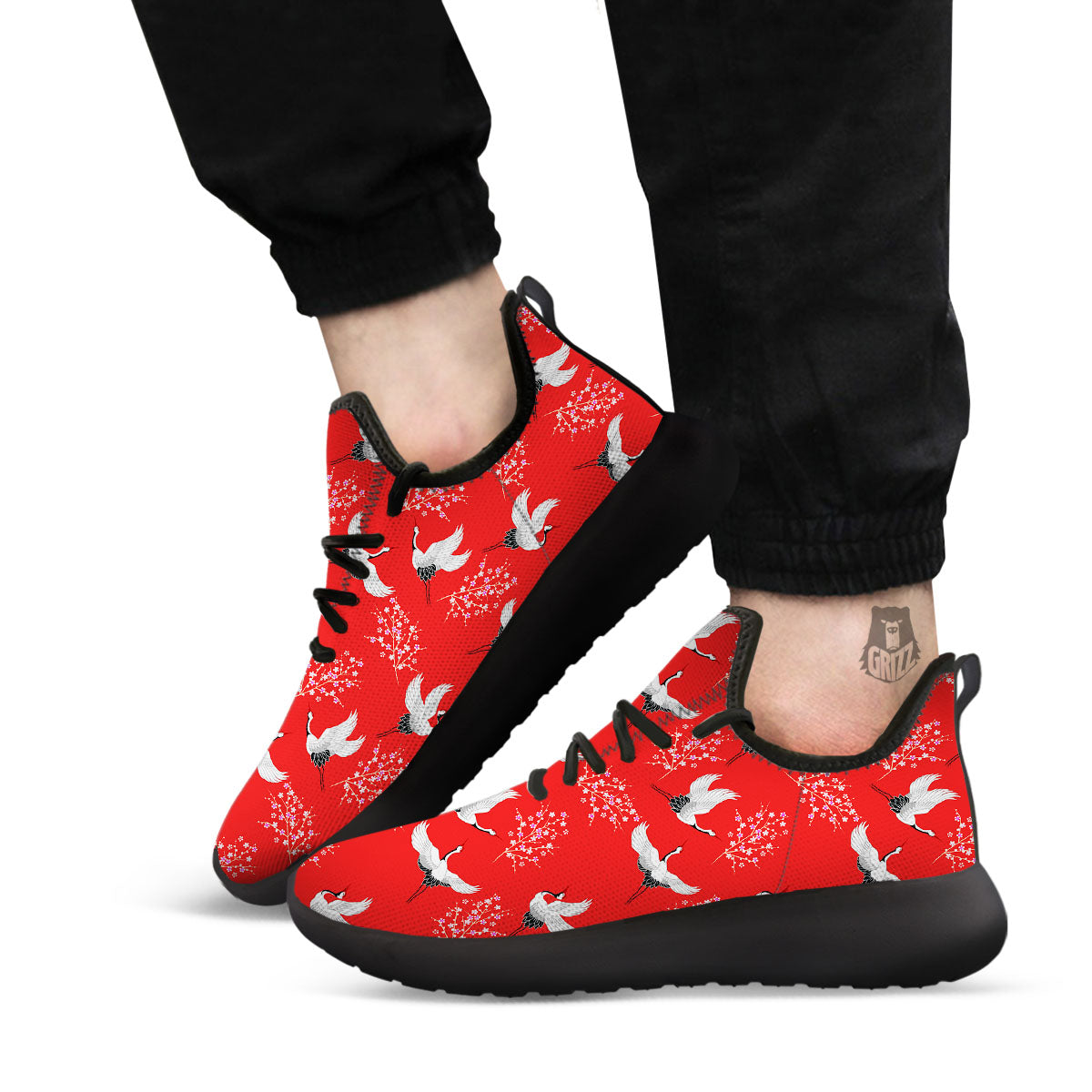 Crane Bird Japanese Print Pattern Black Athletic Shoes-grizzshop