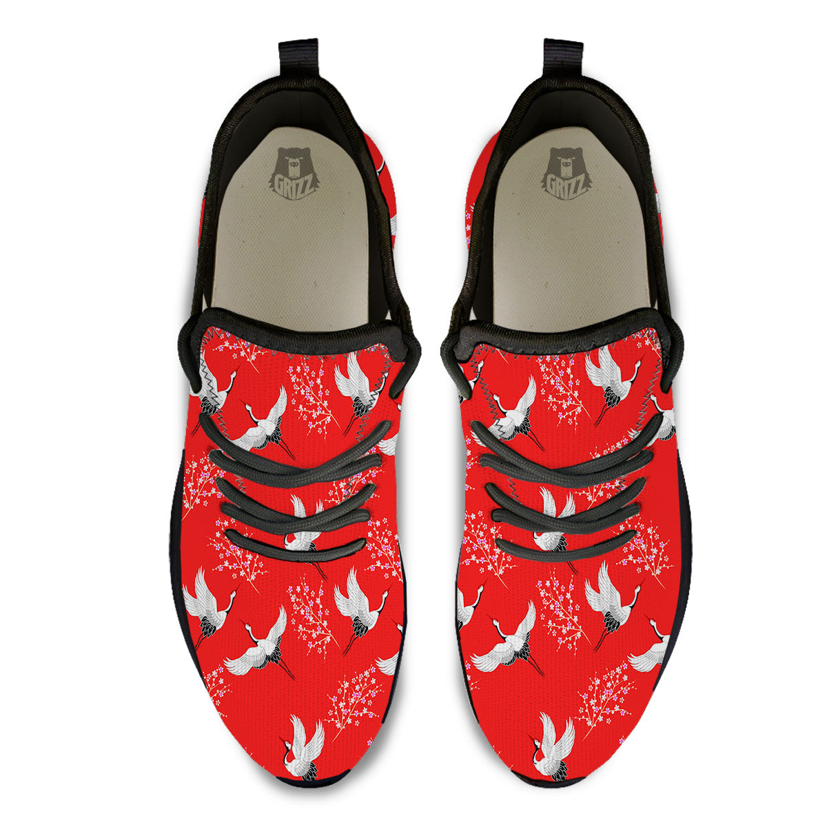 Crane Bird Japanese Print Pattern Black Athletic Shoes-grizzshop