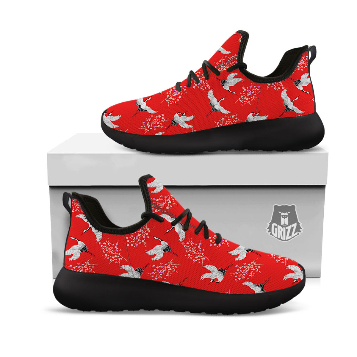 Crane Bird Japanese Print Pattern Black Athletic Shoes-grizzshop