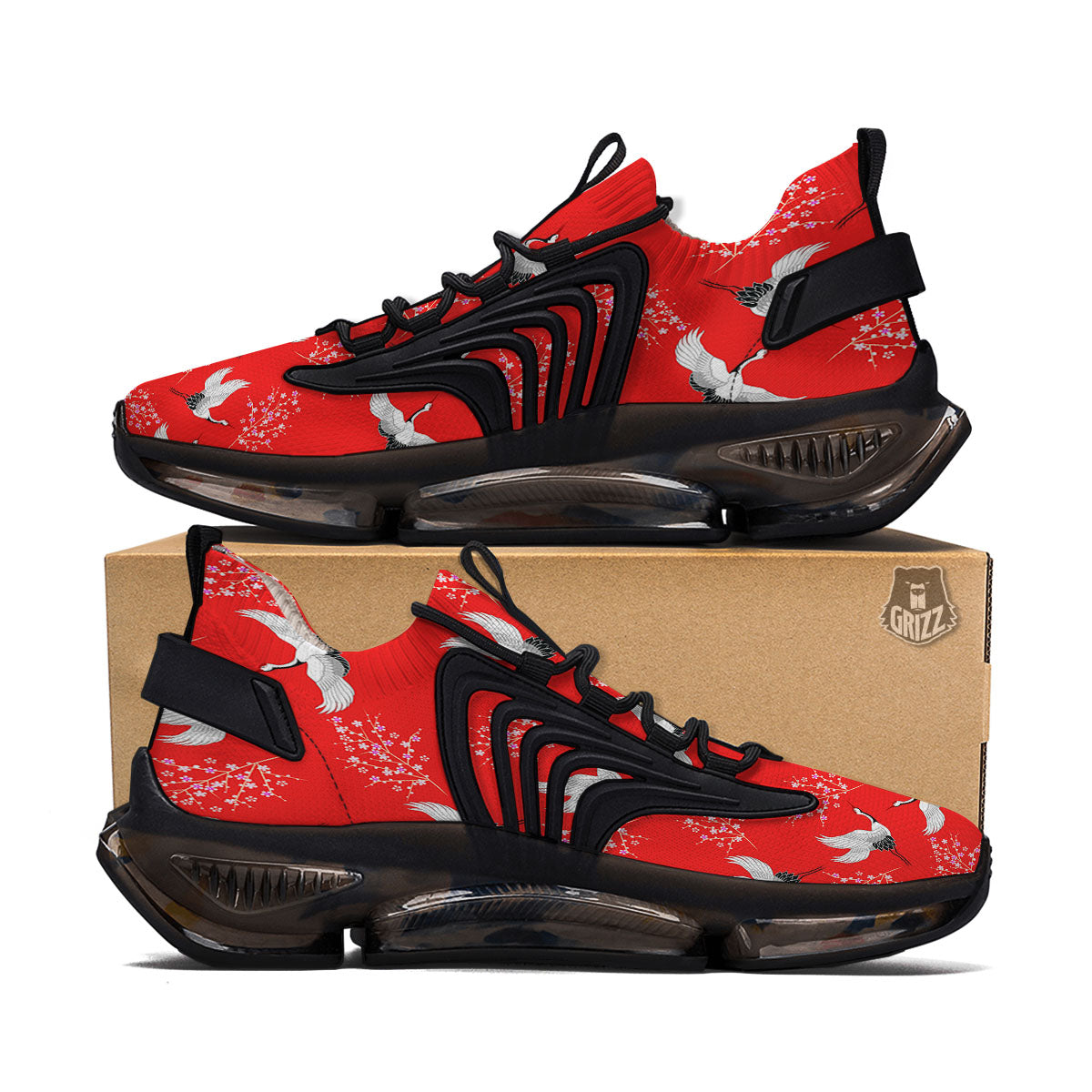 Crane Bird Japanese Print Pattern Black Gym Shoes-grizzshop