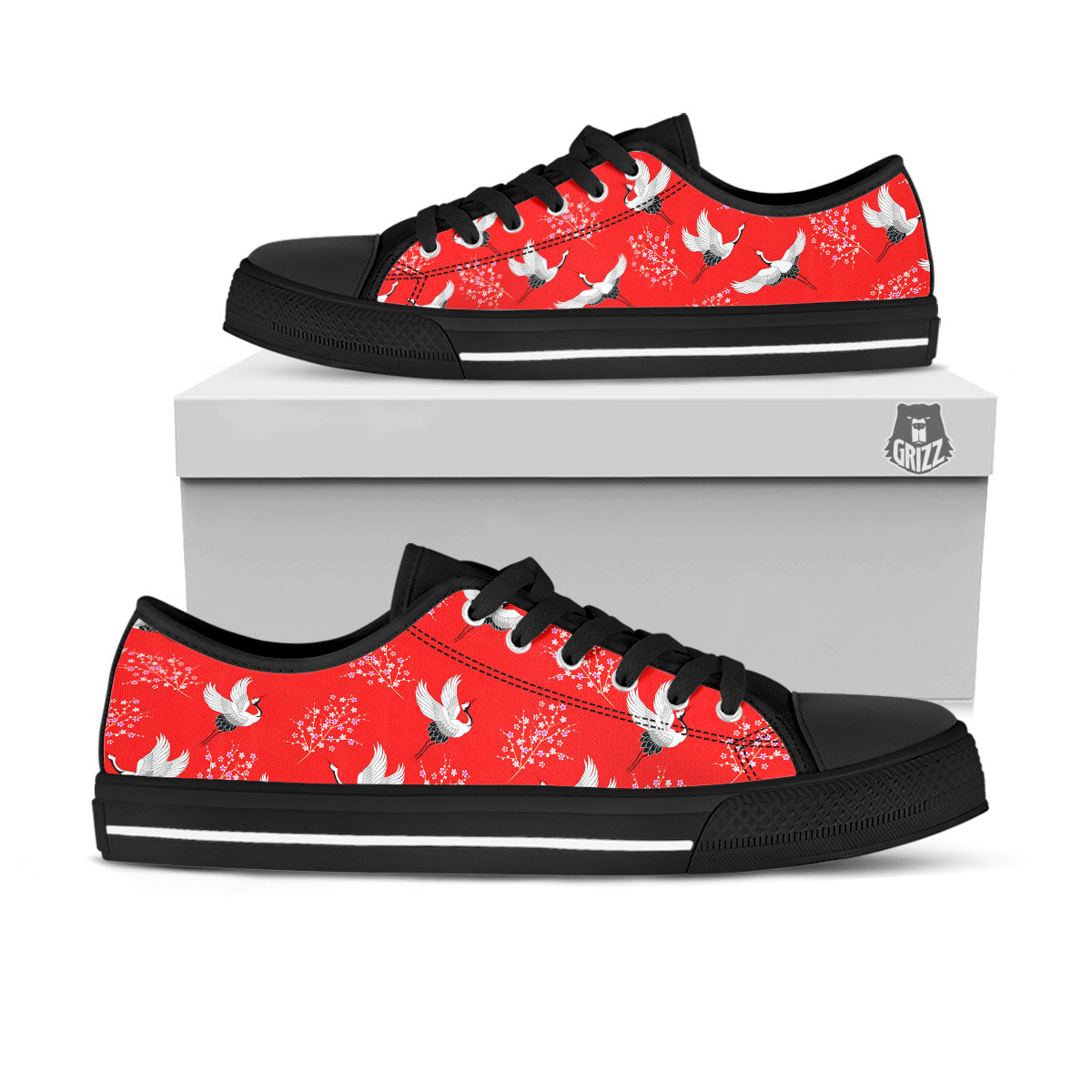 Crane Bird Japanese Print Pattern Black Low Top Shoes-grizzshop