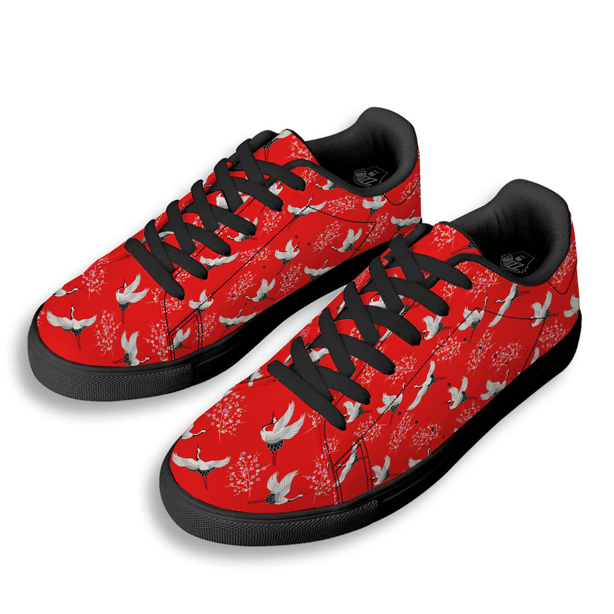 Crane Bird Japanese Print Pattern Black Low Top Sneakers-grizzshop