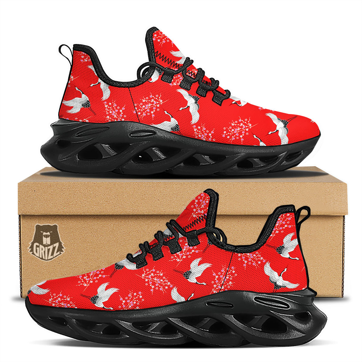 Crane Bird Japanese Print Pattern Black Running Shoes-grizzshop