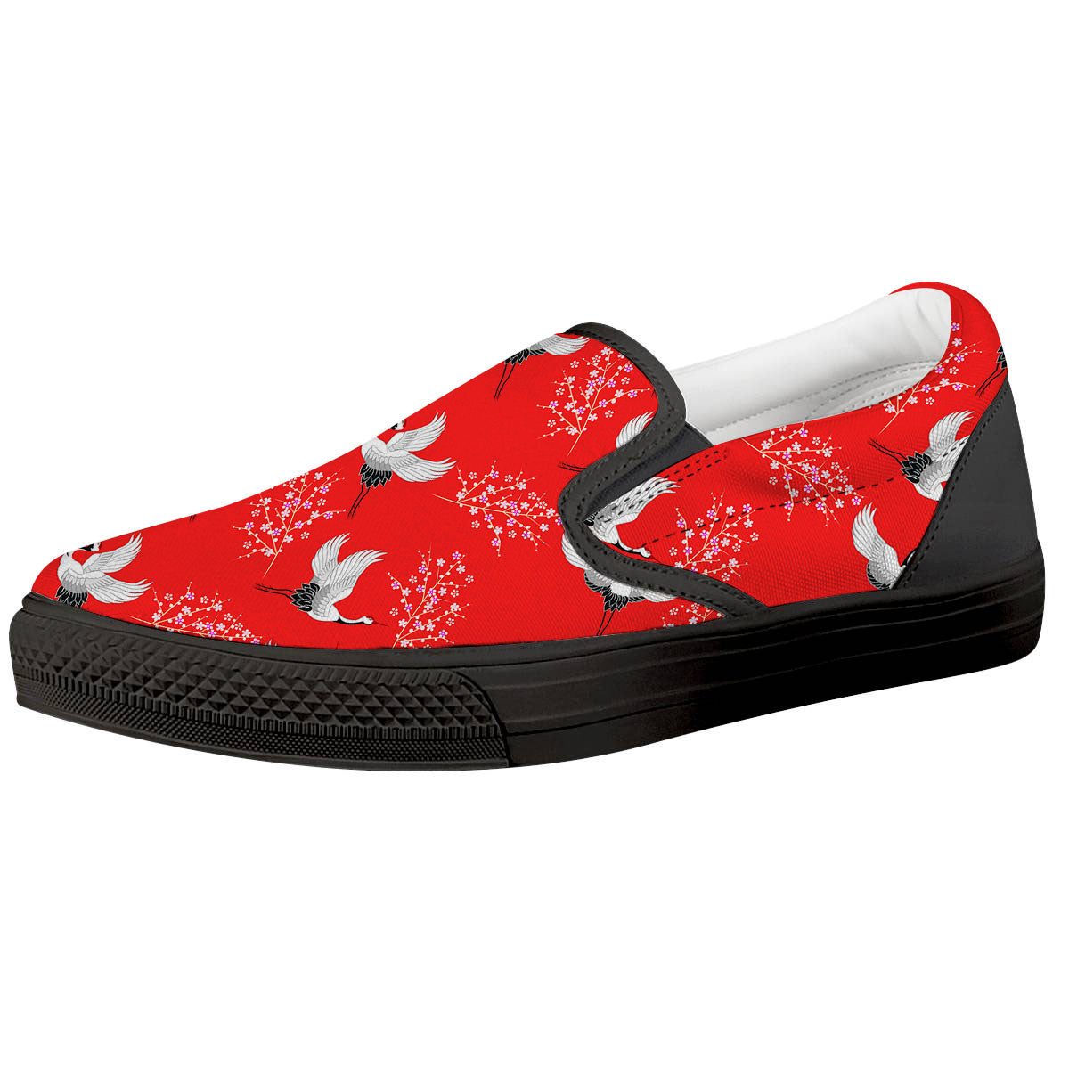 Crane Bird Japanese Print Pattern Black Slip On Shoes-grizzshop