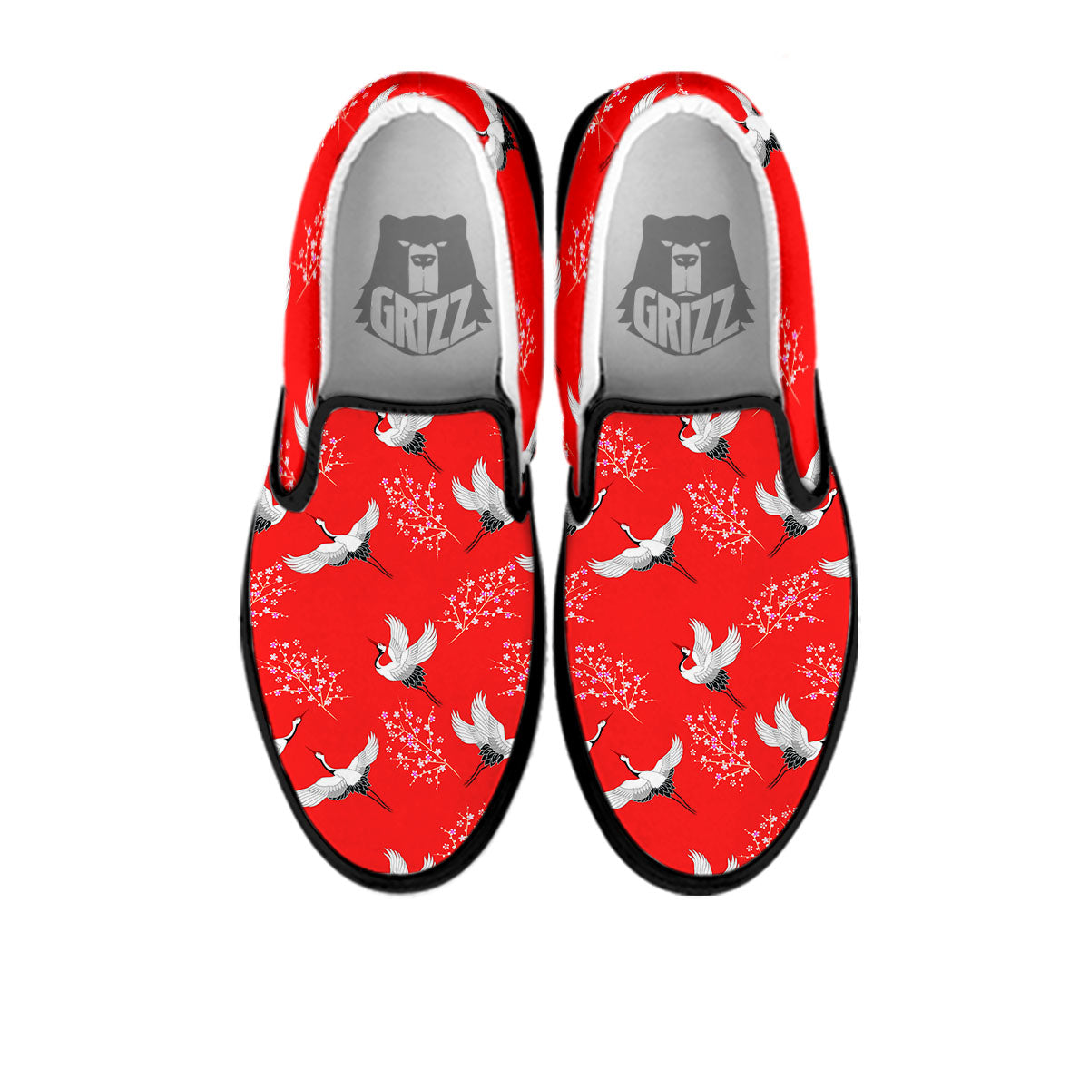 Crane Bird Japanese Print Pattern Black Slip On Shoes-grizzshop