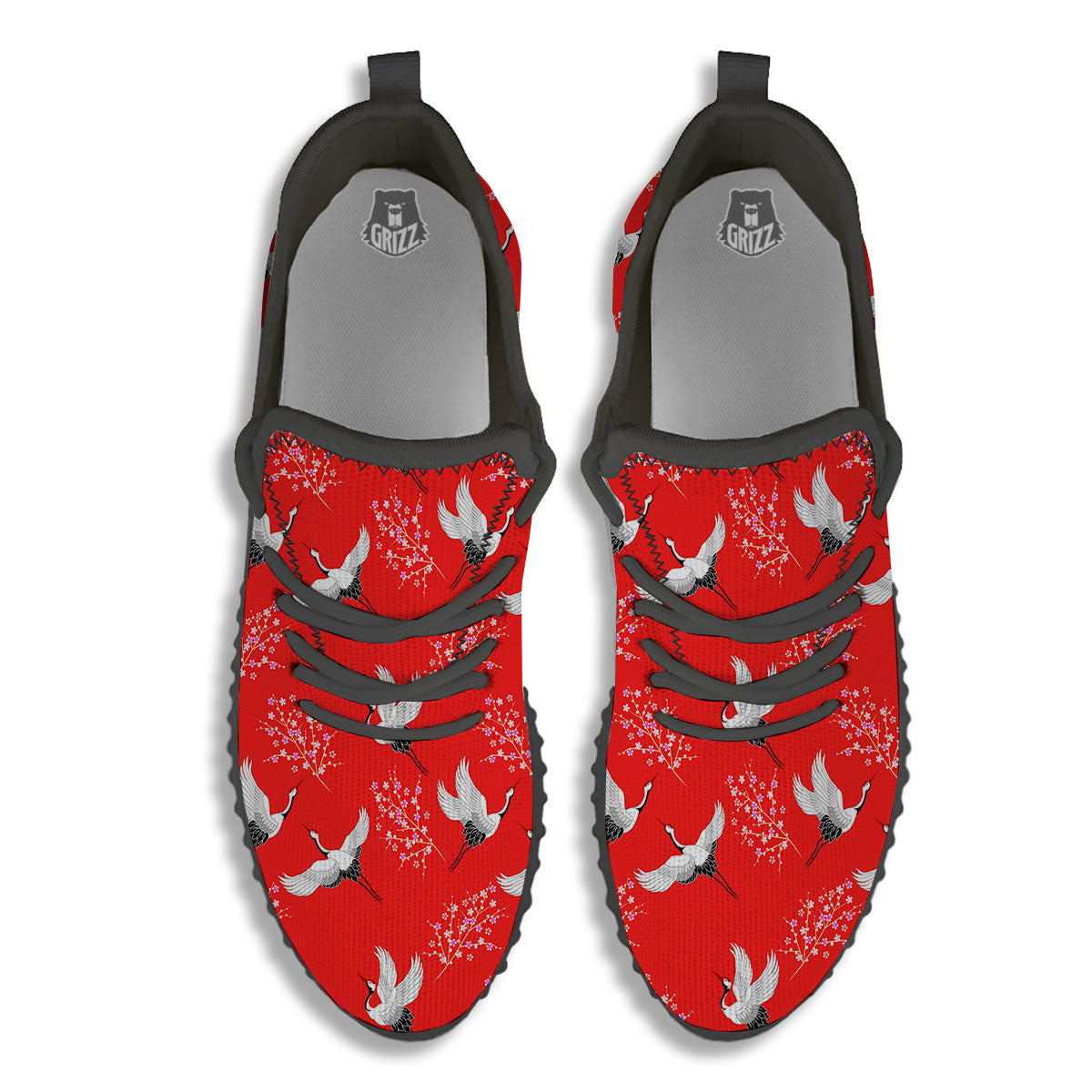 Crane Bird Japanese Print Pattern Black Walking Shoes-grizzshop