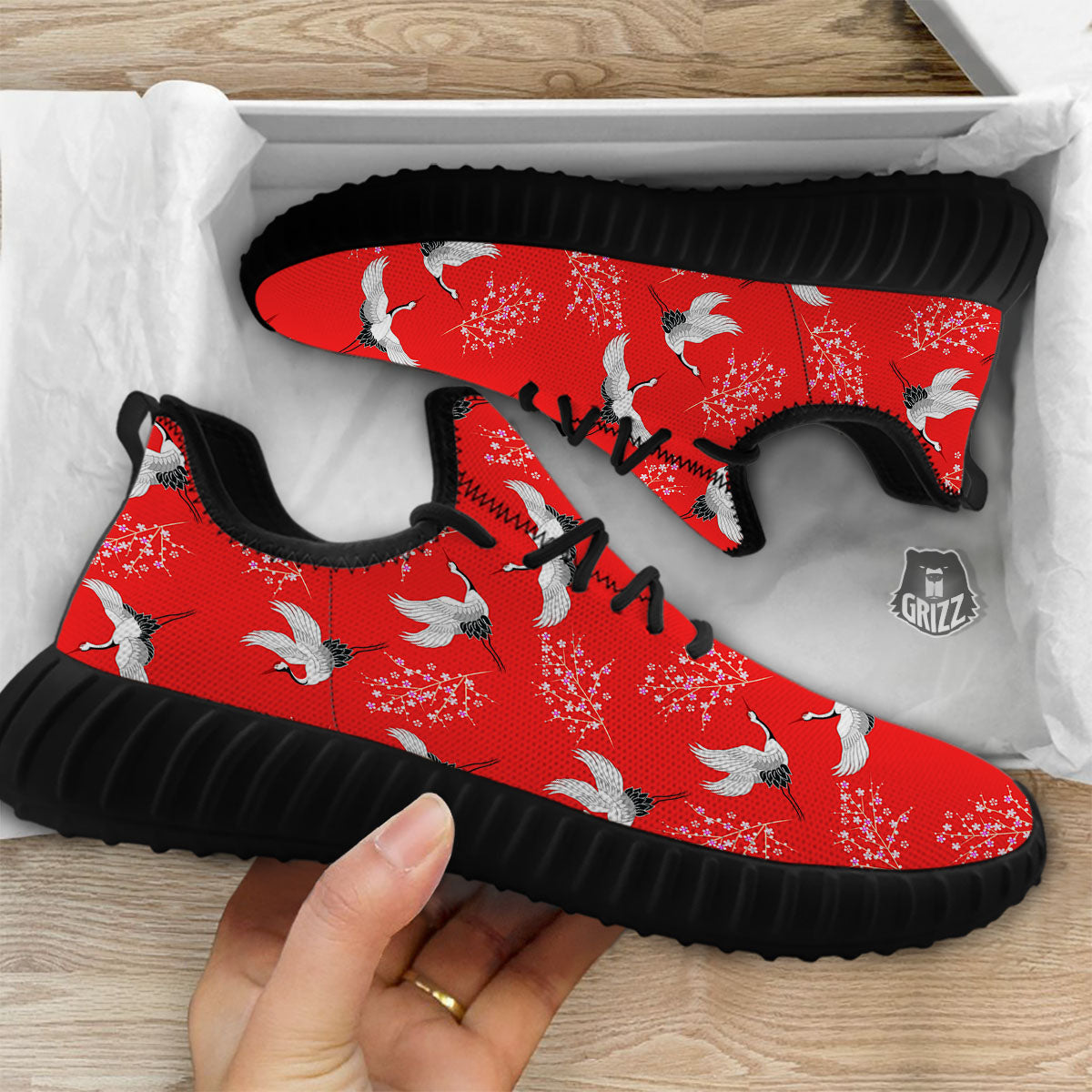 Crane Bird Japanese Print Pattern Black Walking Shoes-grizzshop
