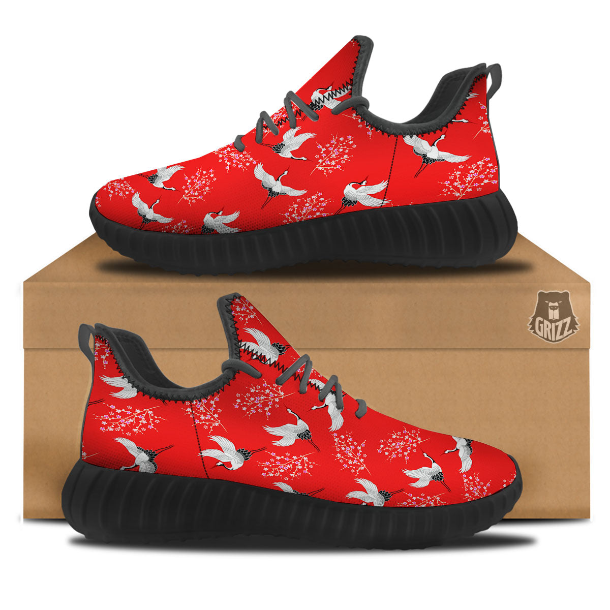 Crane Bird Japanese Print Pattern Black Walking Shoes-grizzshop