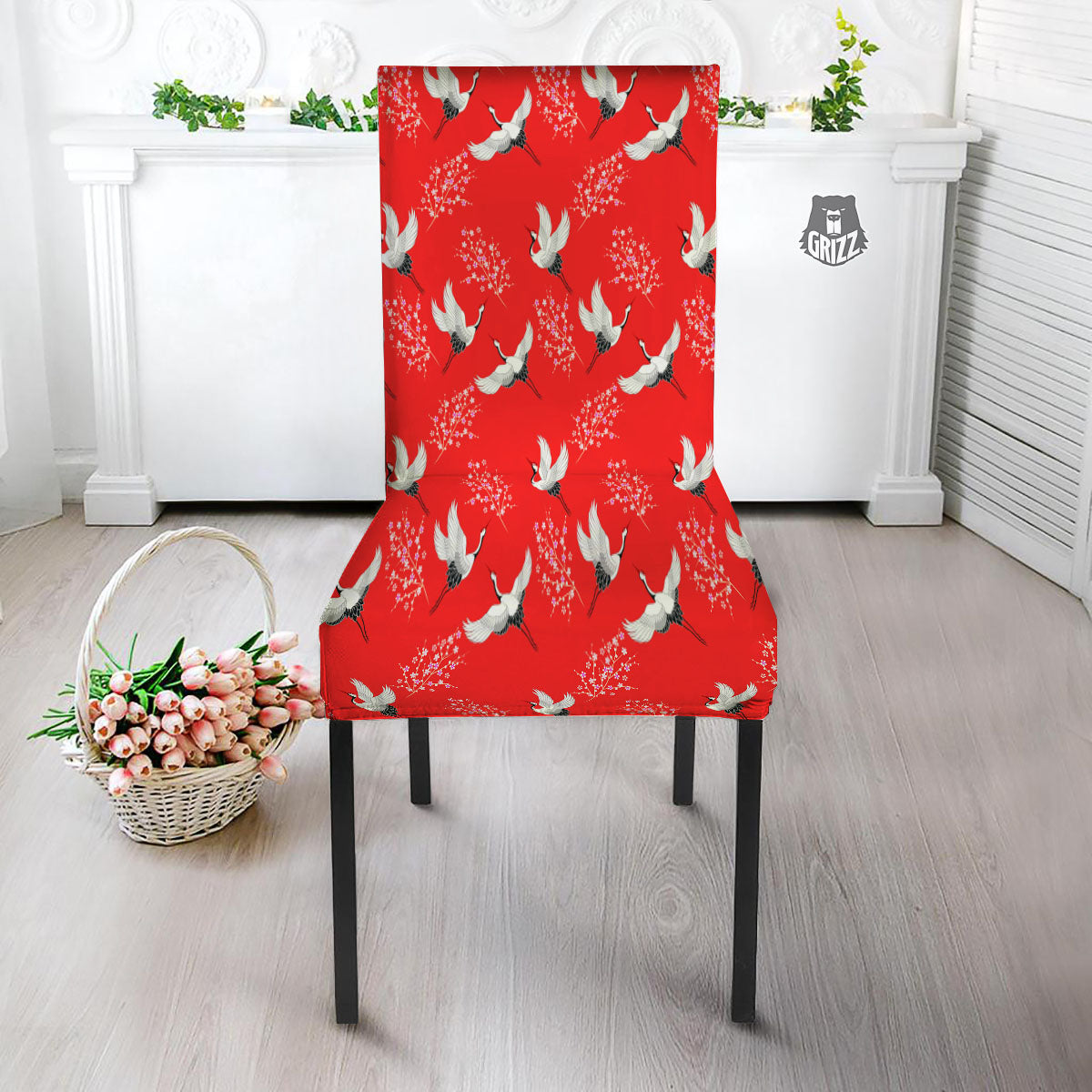 Crane Bird Japanese Print Pattern Dining Chair Slipcover-grizzshop