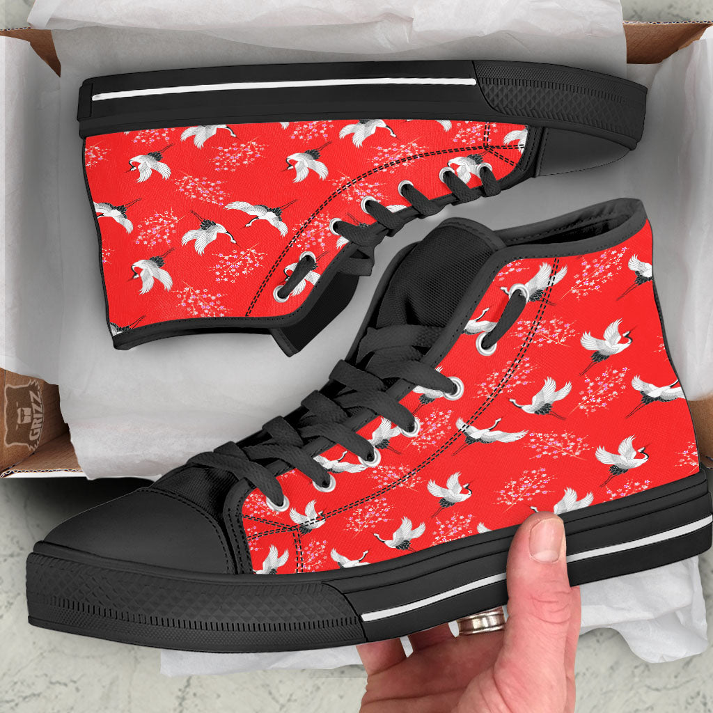 Crane Bird Japanese Print Pattern High Top Shoes-grizzshop