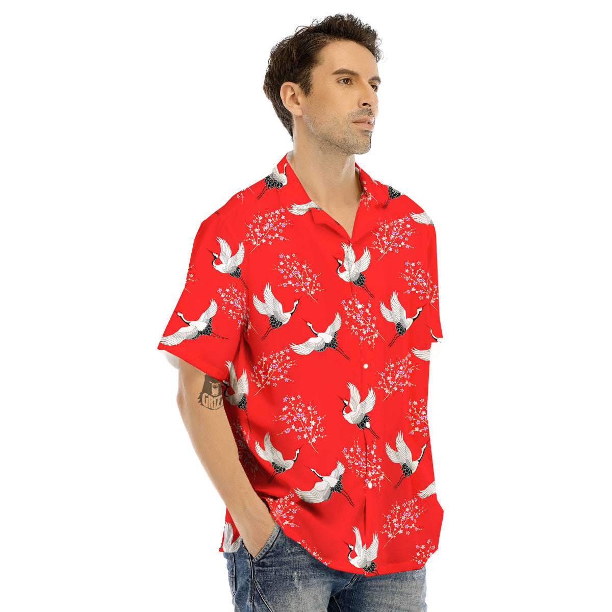 Crane Bird Japanese Print Pattern Men's Hawaiian Shirt-grizzshop