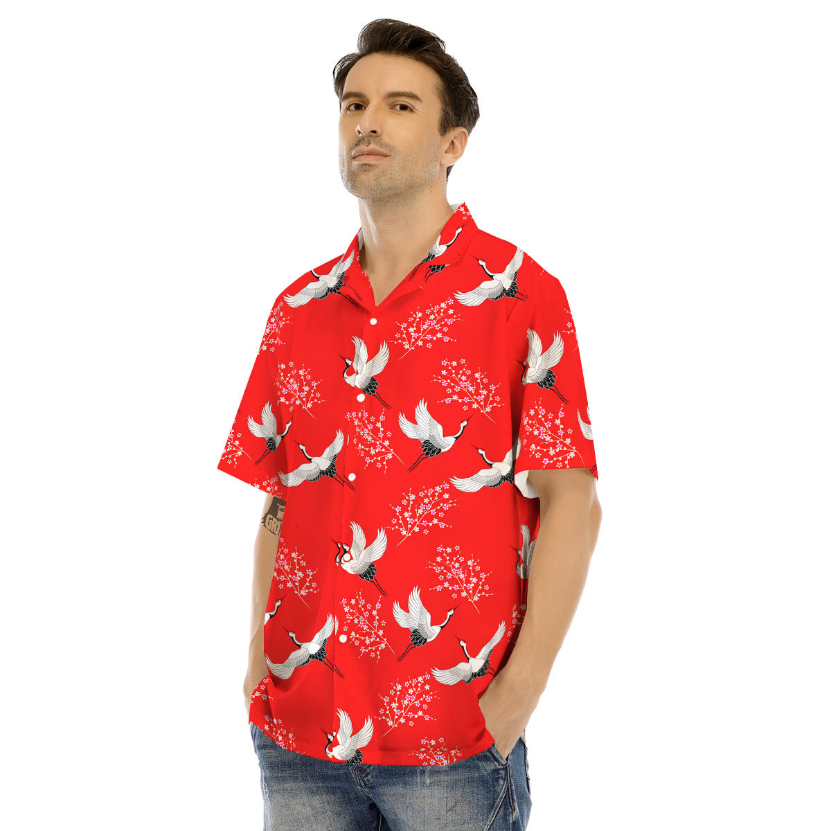 Crane Bird Japanese Print Pattern Men's Hawaiian Shirt-grizzshop