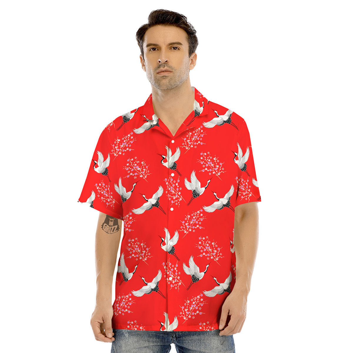Crane Bird Japanese Print Pattern Men's Hawaiian Shirt-grizzshop