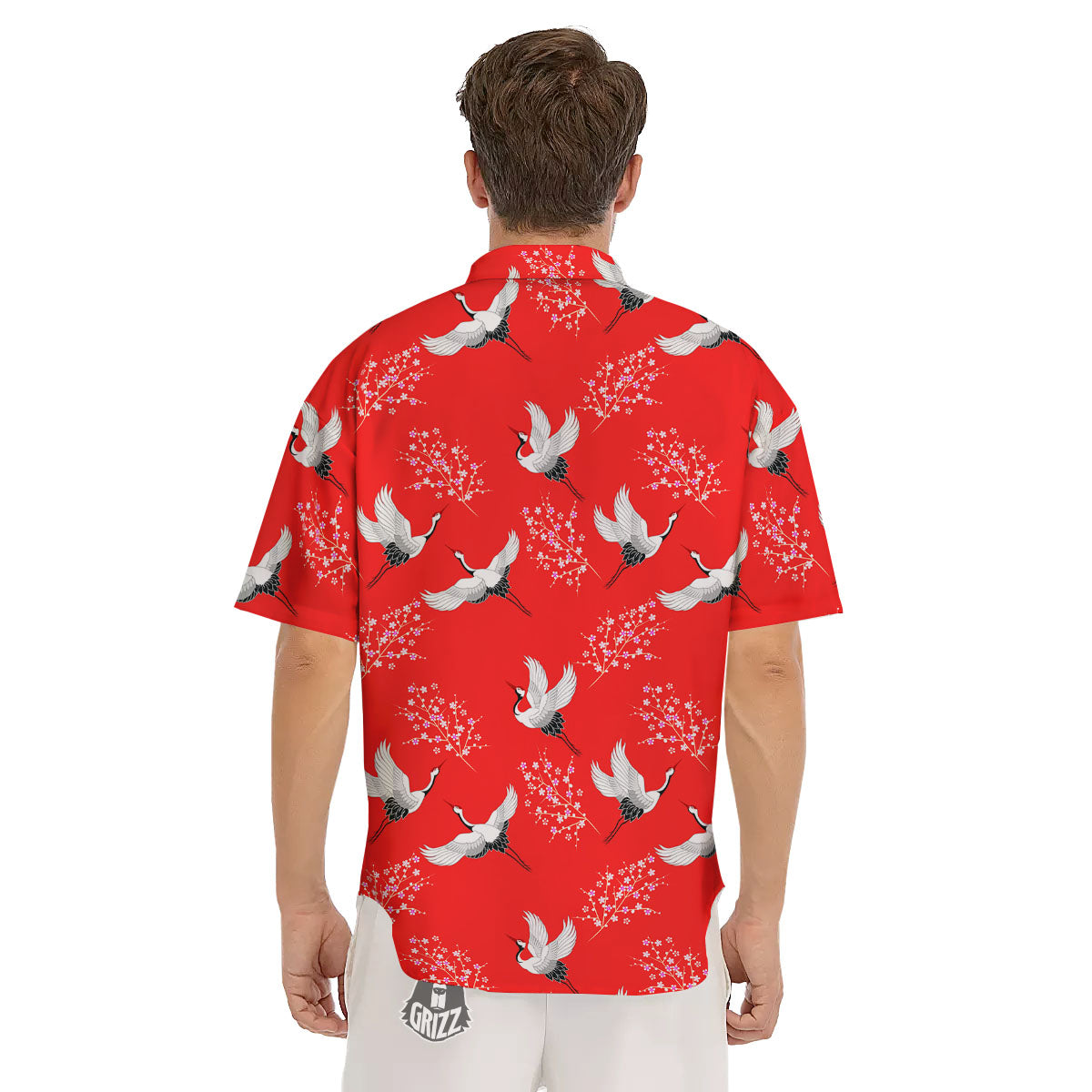 Crane Bird Japanese Print Pattern Men's Short Sleeve Shirts-grizzshop