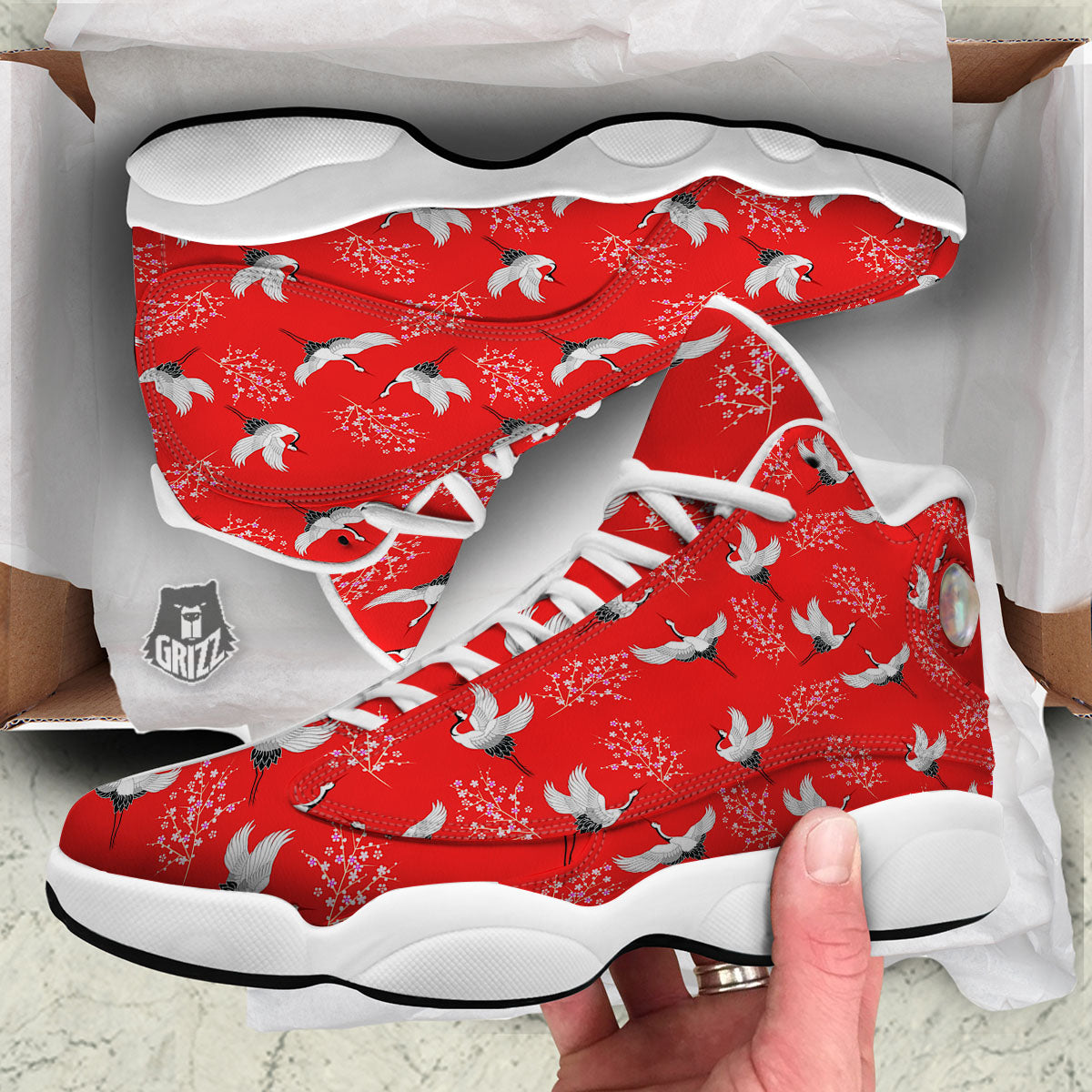Crane Bird Japanese Print Pattern White Basketball Shoes-grizzshop