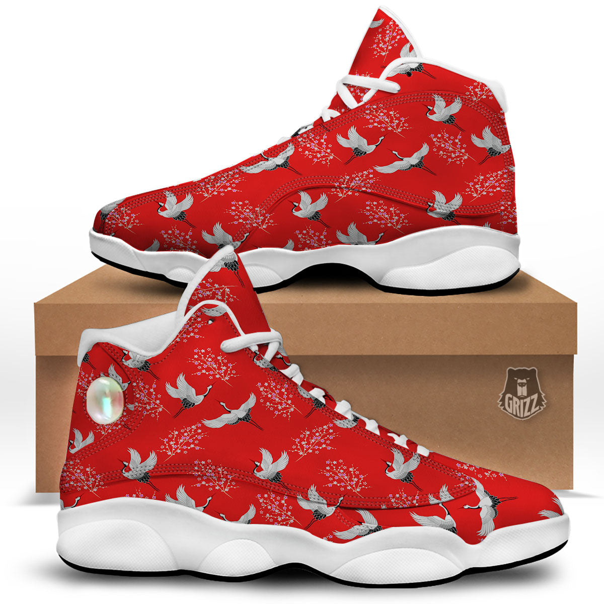 Crane Bird Japanese Print Pattern White Basketball Shoes-grizzshop