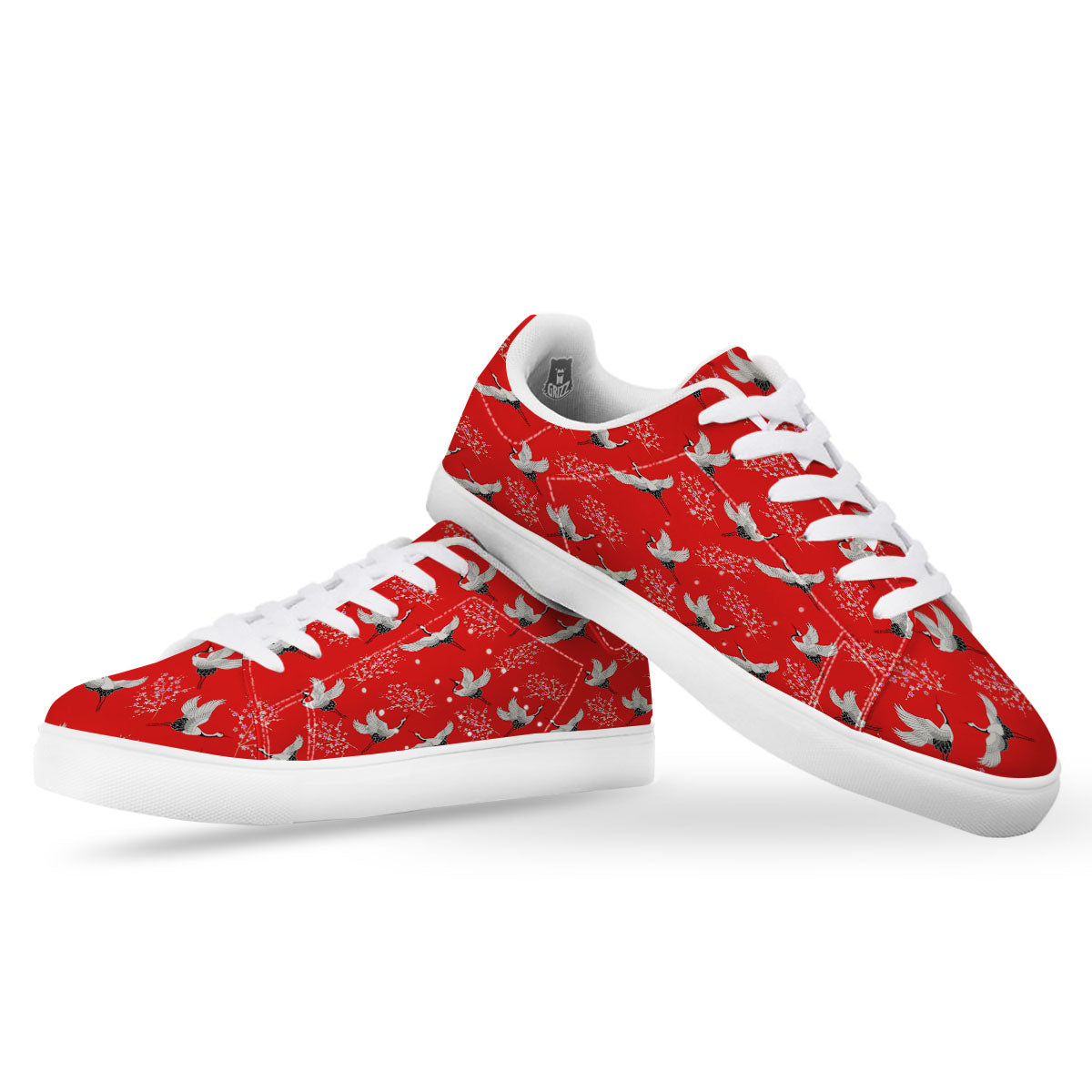 Crane Bird Japanese Print Pattern White Low Top Sneakers-grizzshop