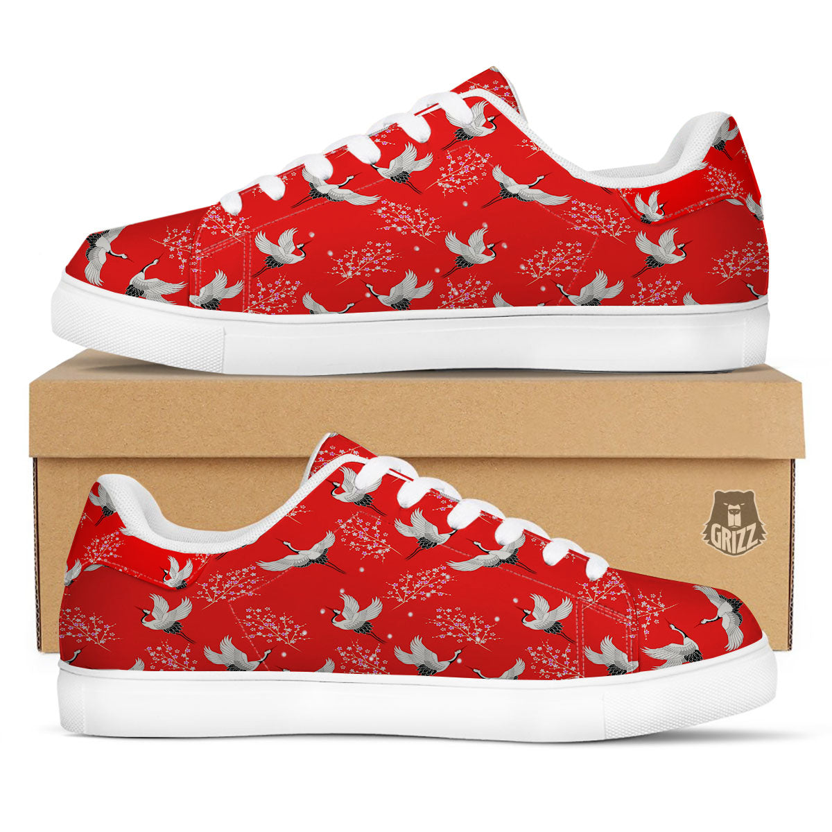 Crane Bird Japanese Print Pattern White Low Top Sneakers-grizzshop