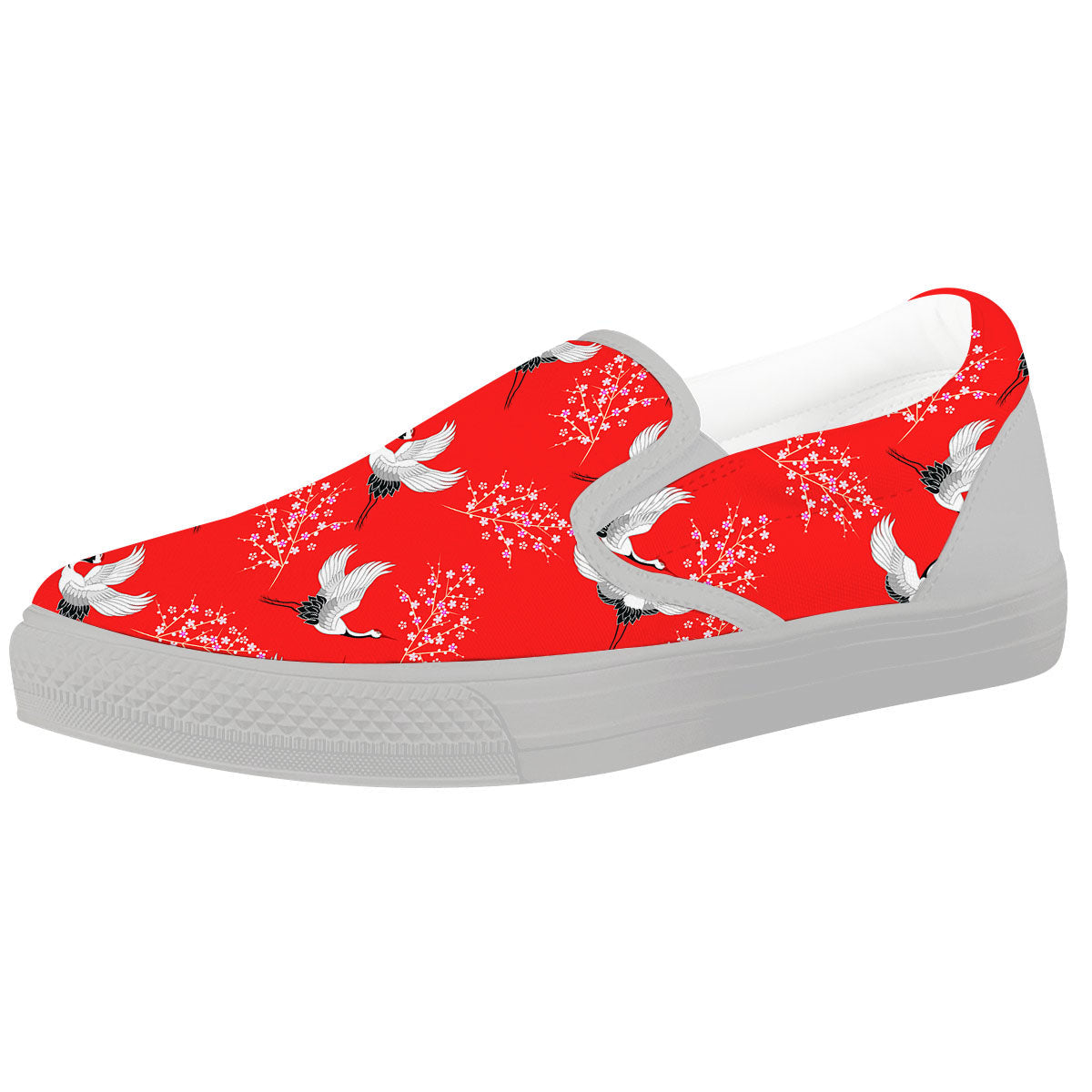 Crane Bird Japanese Print Pattern White Slip On Shoes-grizzshop