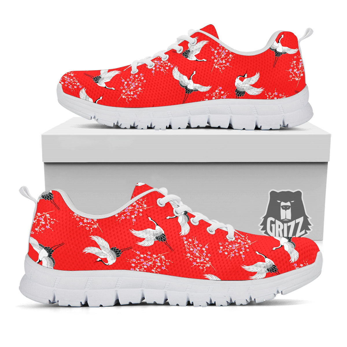 Crane Bird Japanese Print Pattern White Sneaker-grizzshop