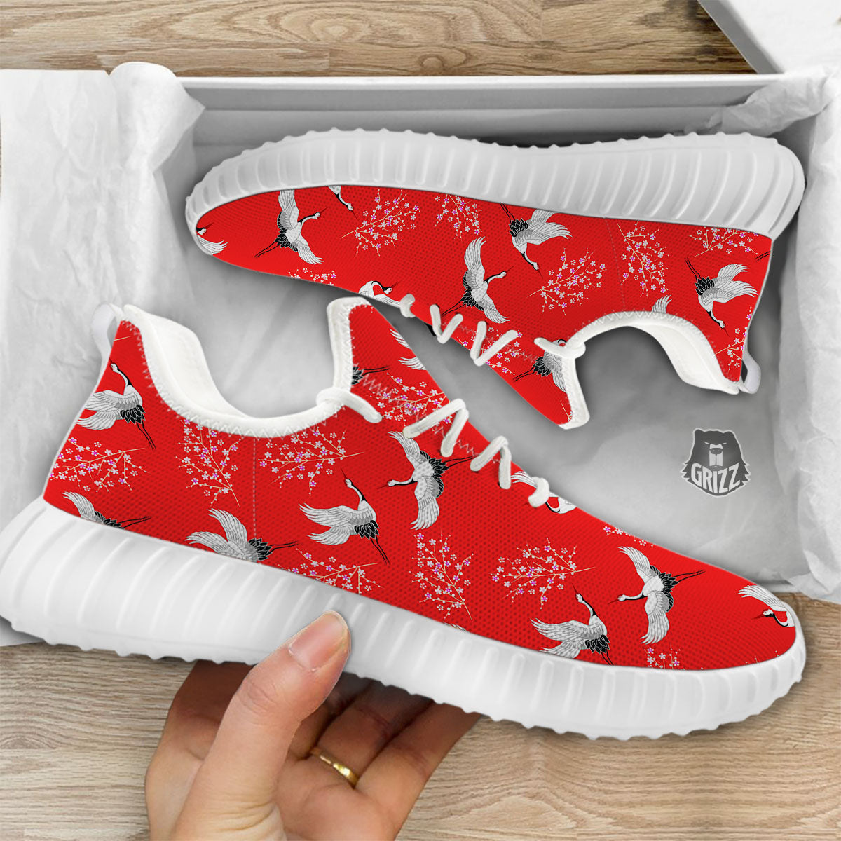 Crane Bird Japanese Print Pattern White Walking Shoes-grizzshop