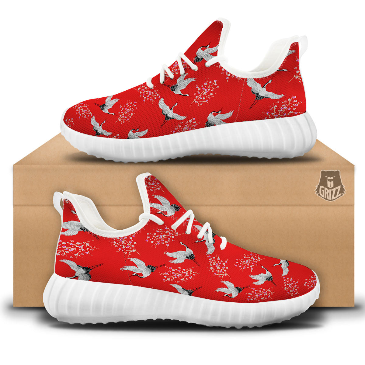 Crane Bird Japanese Print Pattern White Walking Shoes-grizzshop